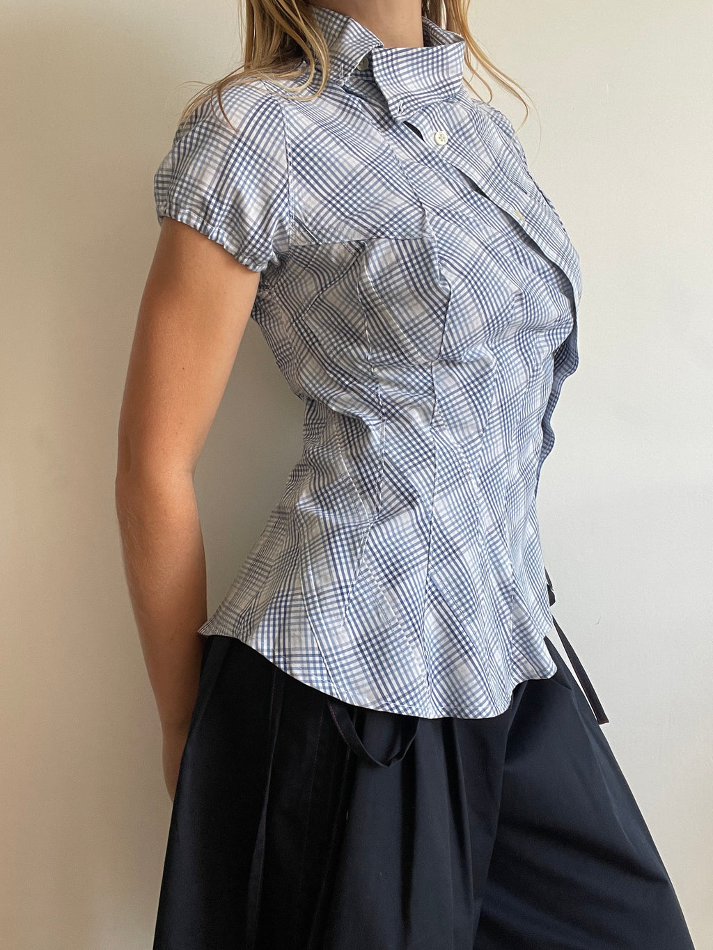 reworked blue check puff sleeve asymetrical shirt