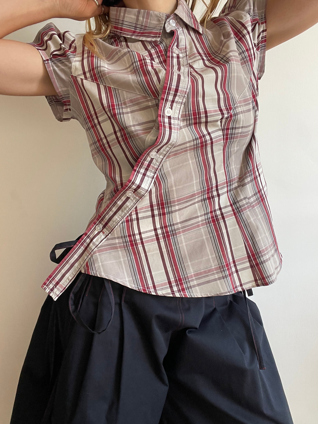 reworked asymetrical red beige checkered shirt