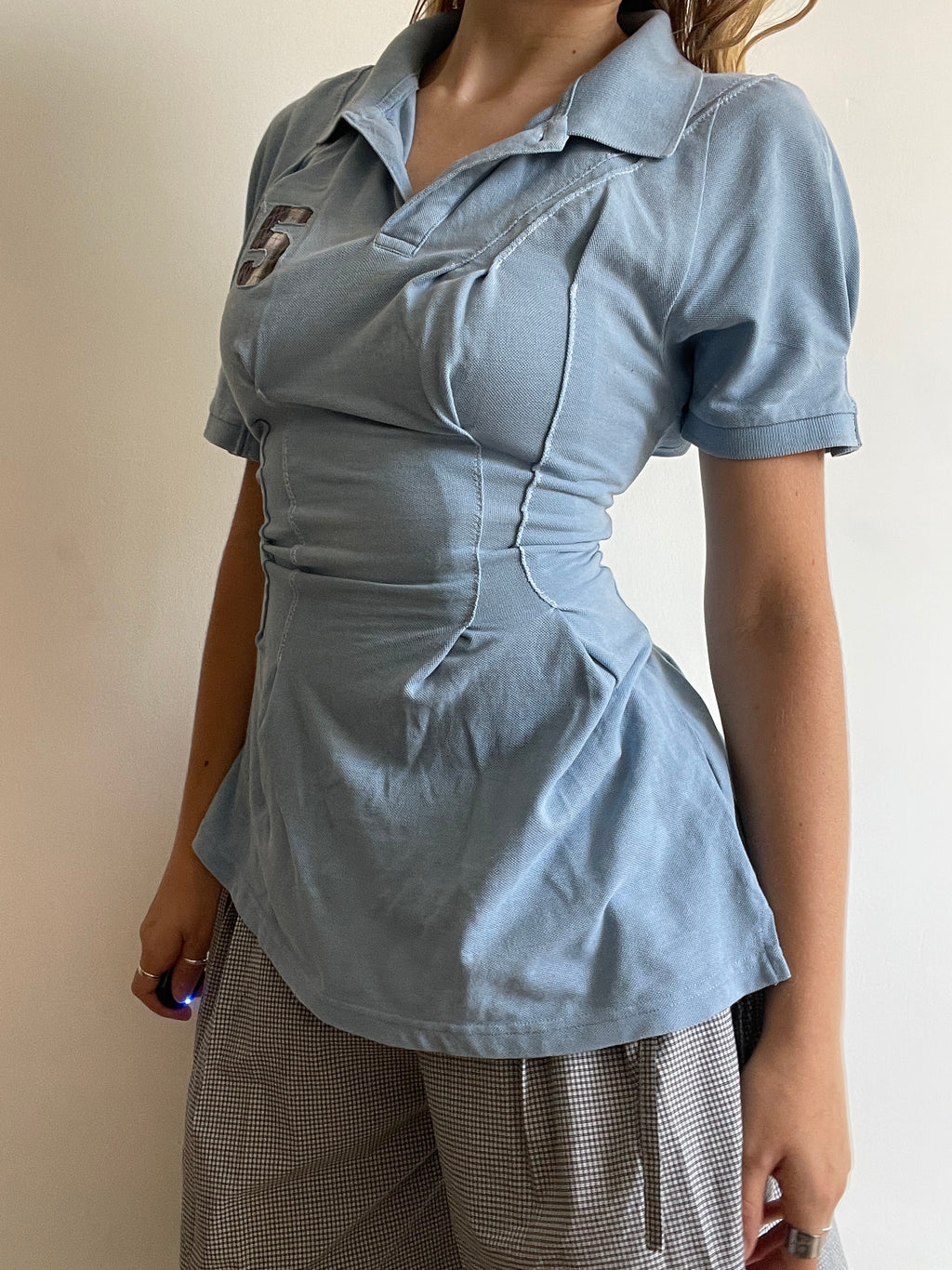 reworked baby blue sports number fitted polo shirt