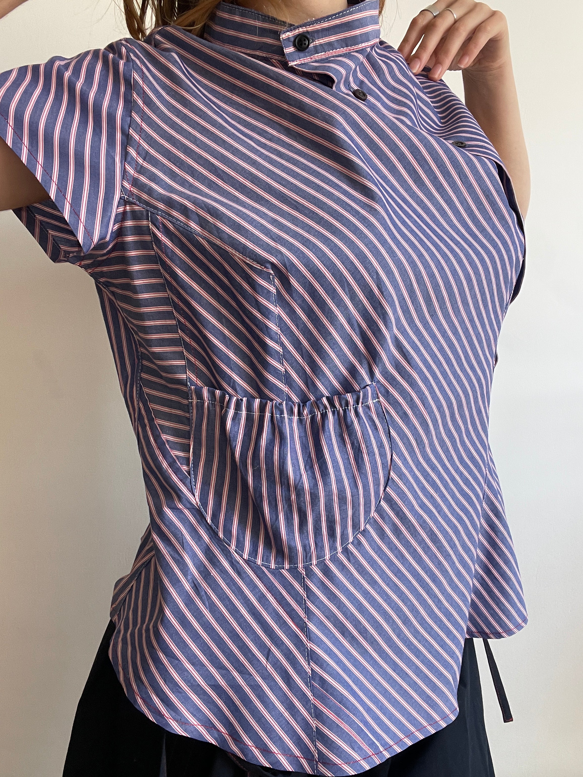 reworked striped pocket button up asymetrical shirt