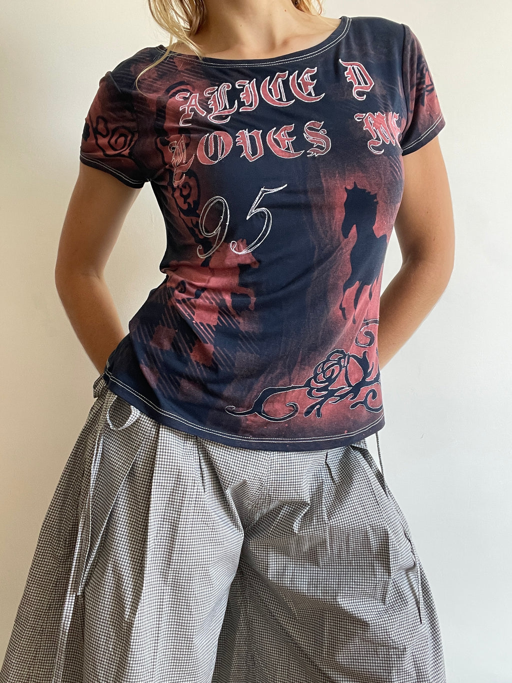 handmade bleach stencil embroidered horse baby tee