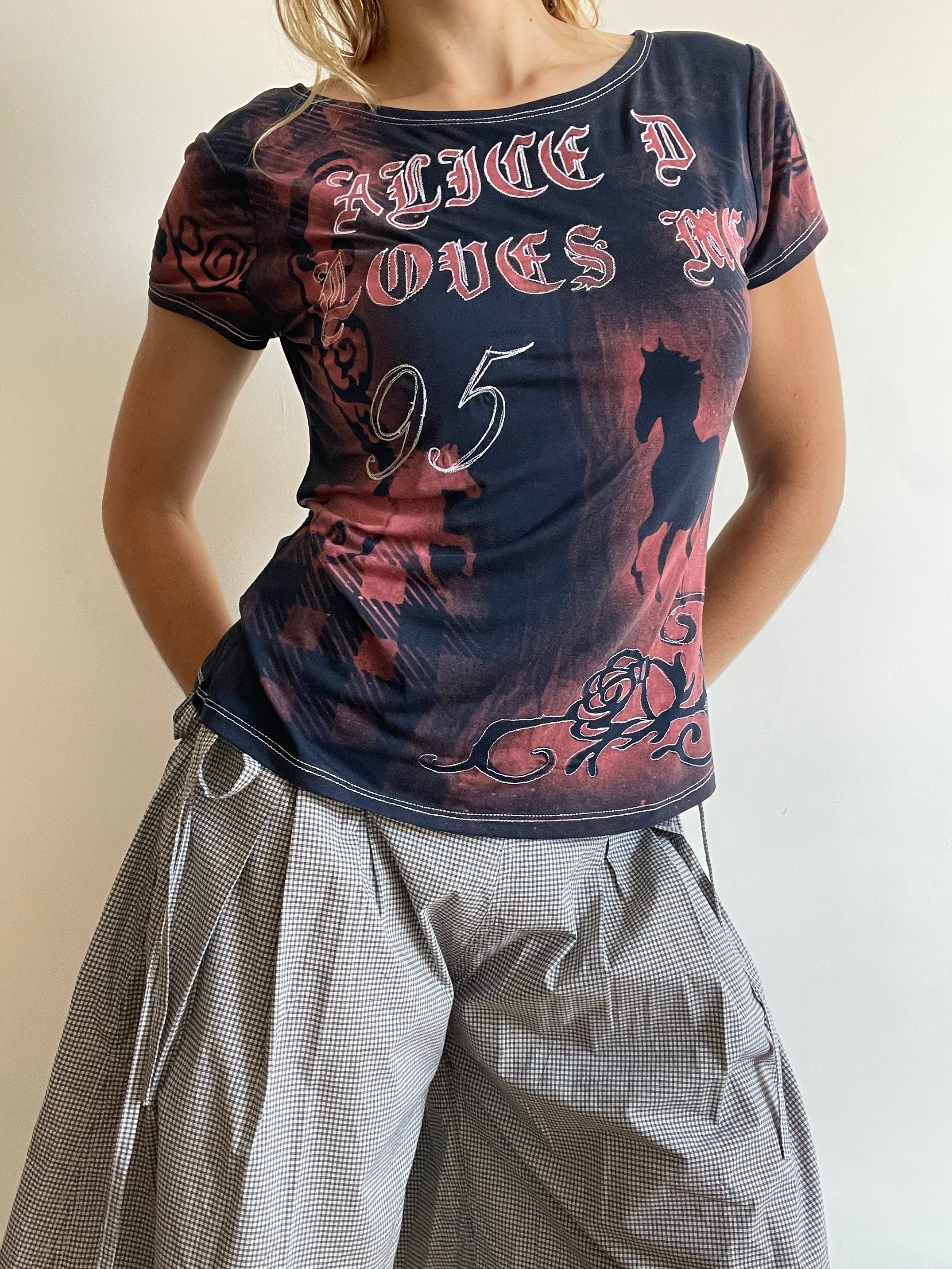 handmade bleach stencil embroidered horse baby tee