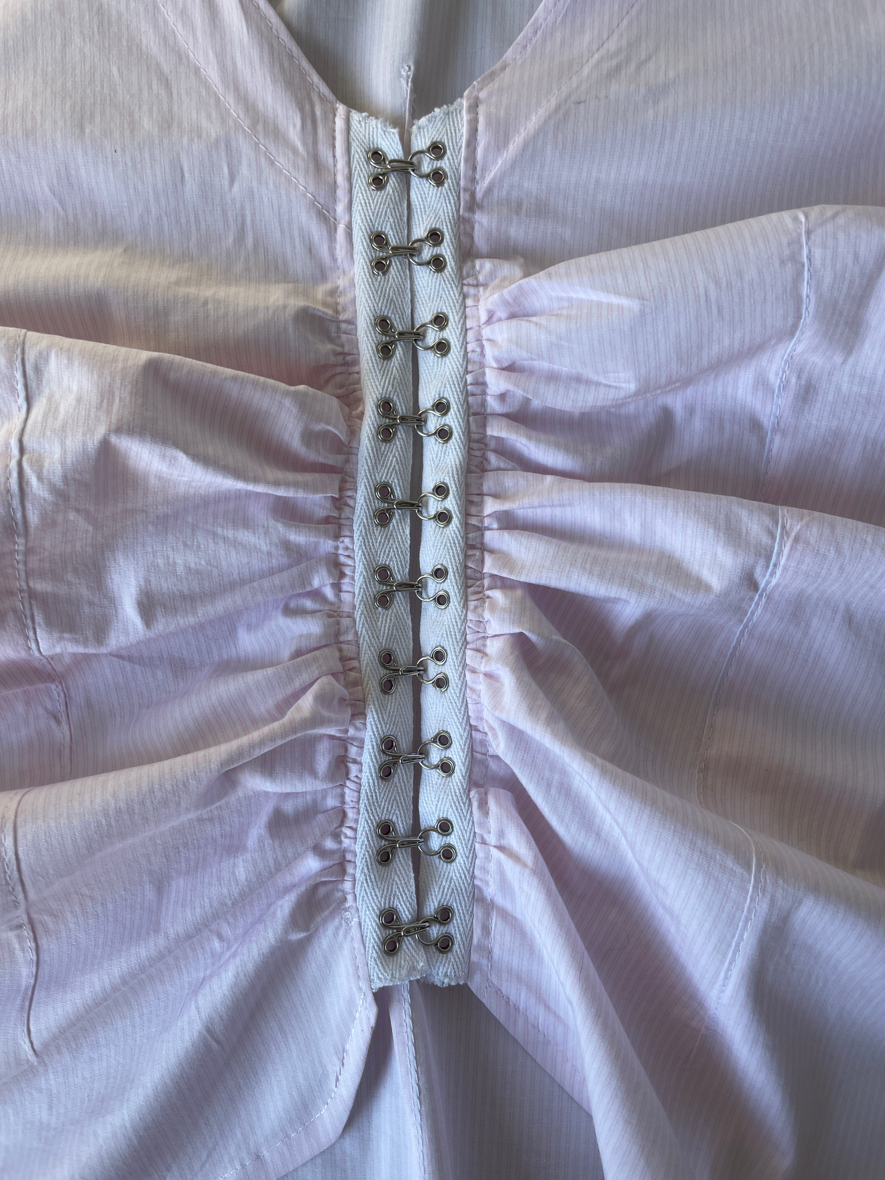 handmade ruched hook and eye pink pinstripe blouse
