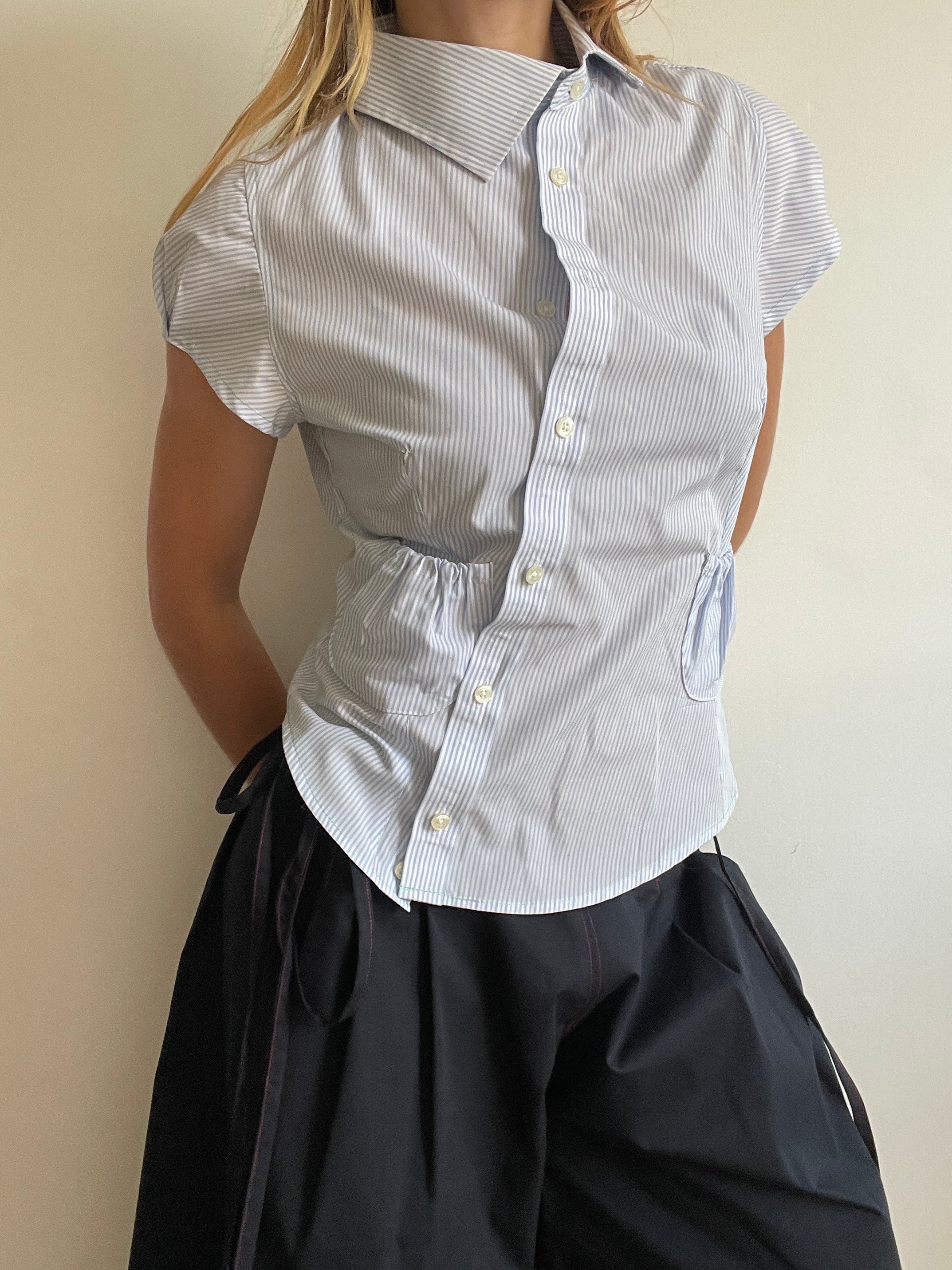 reworked asymetrical baby blue pinstripe pocket collar shirt