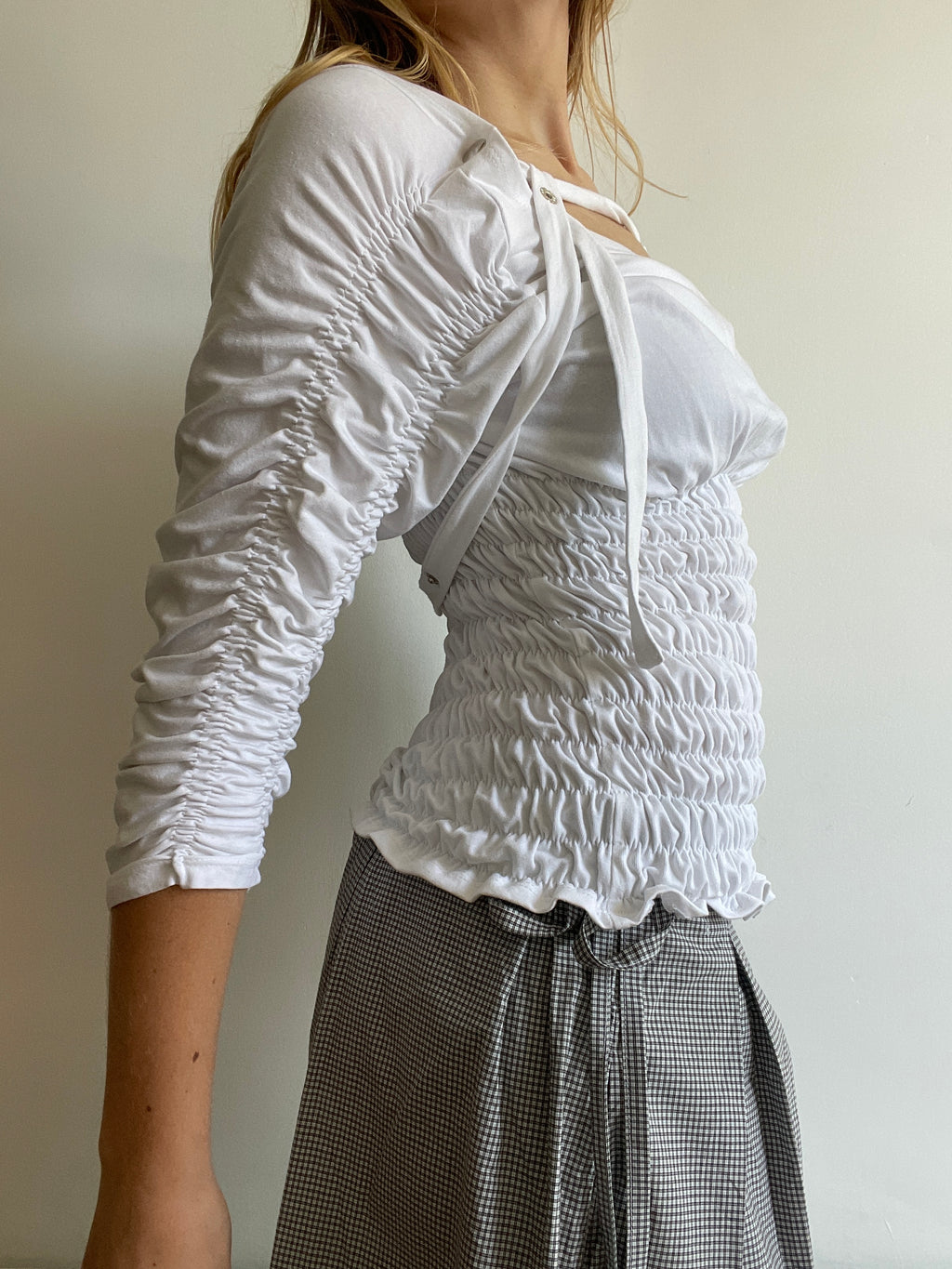 handmade ruched bubble off the shoulder top with neck tie