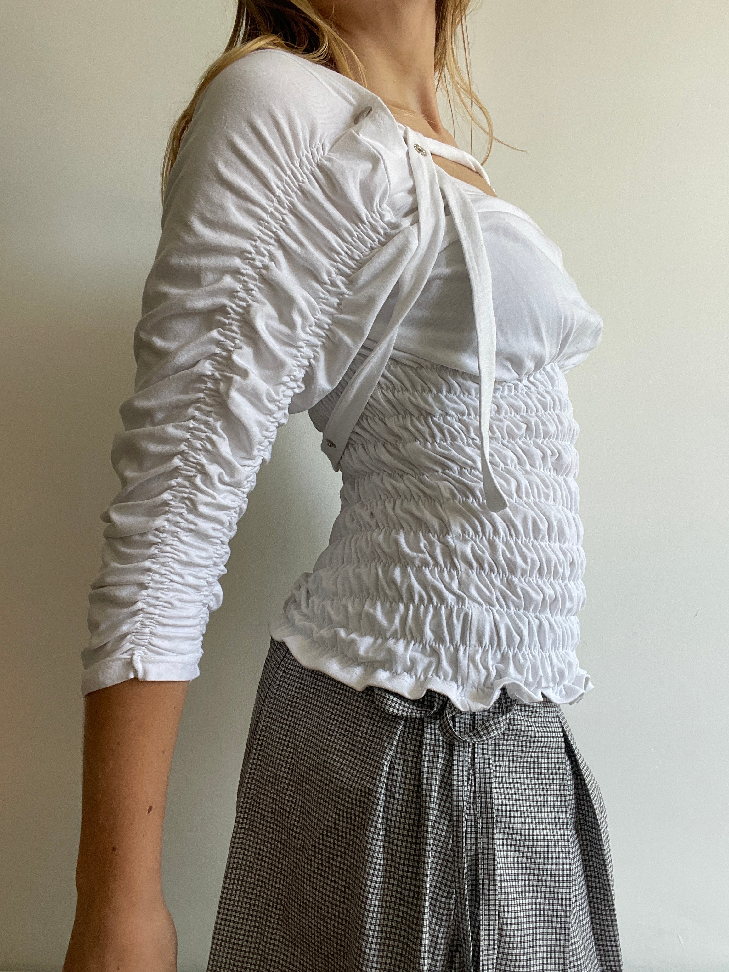 handmade ruched bubble off the shoulder top with neck tie