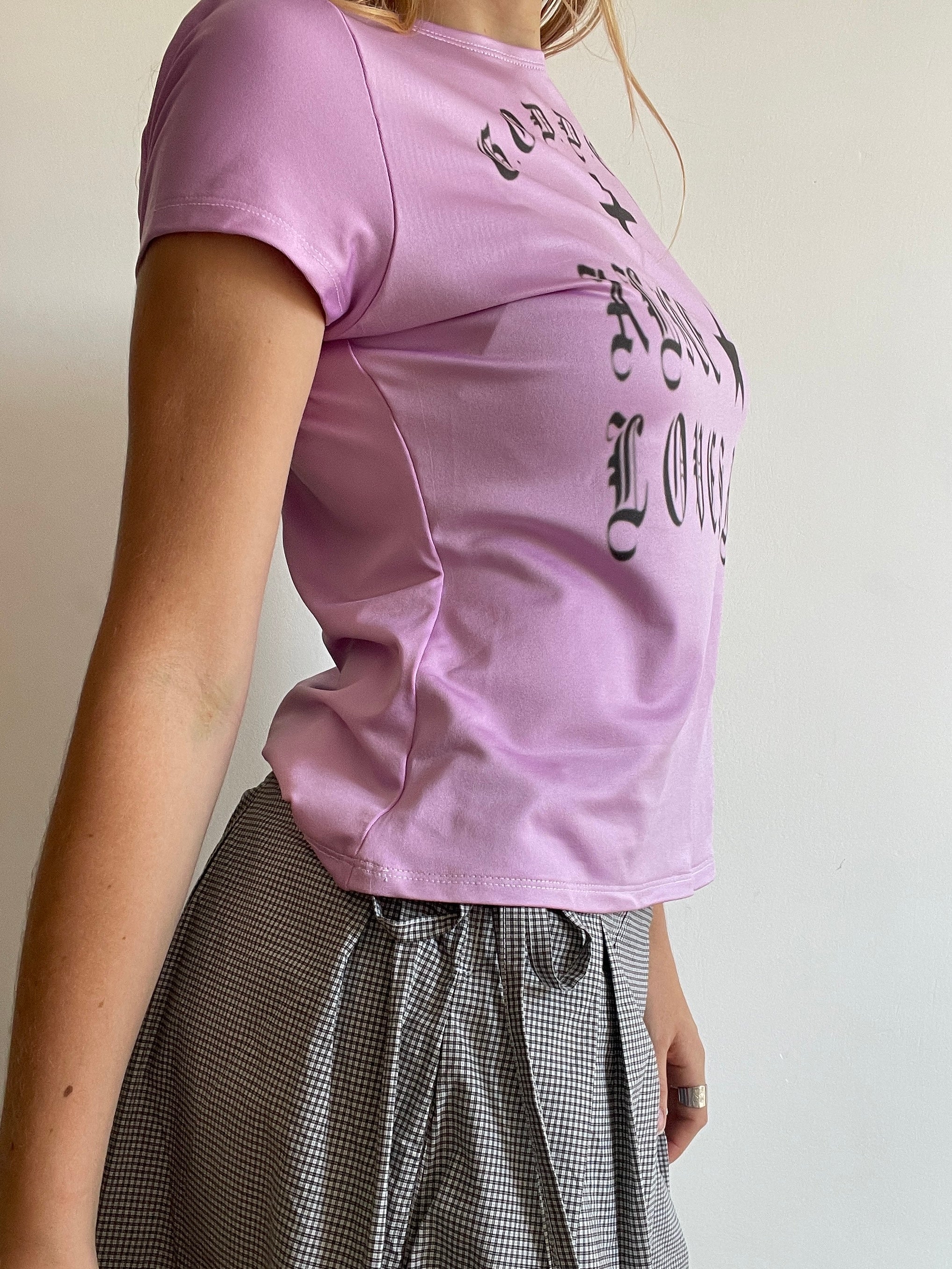 handmade purple graphic print punk slogan baby tee