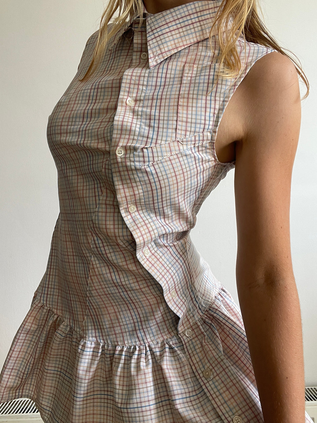 checkered asymmetrical drop waist gathered button up dress
