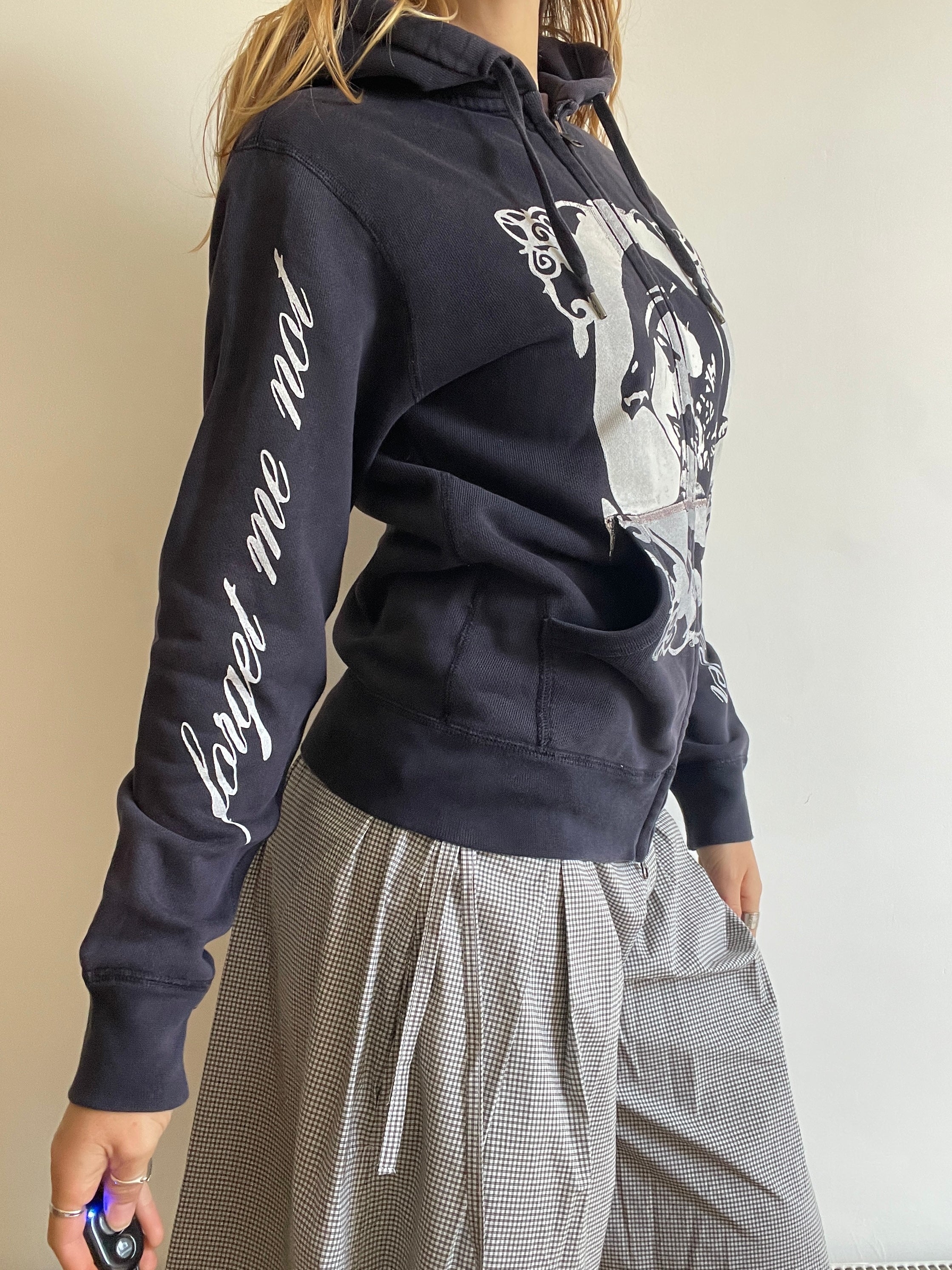 screen printed navy cat girl double zip slim fit hoodie