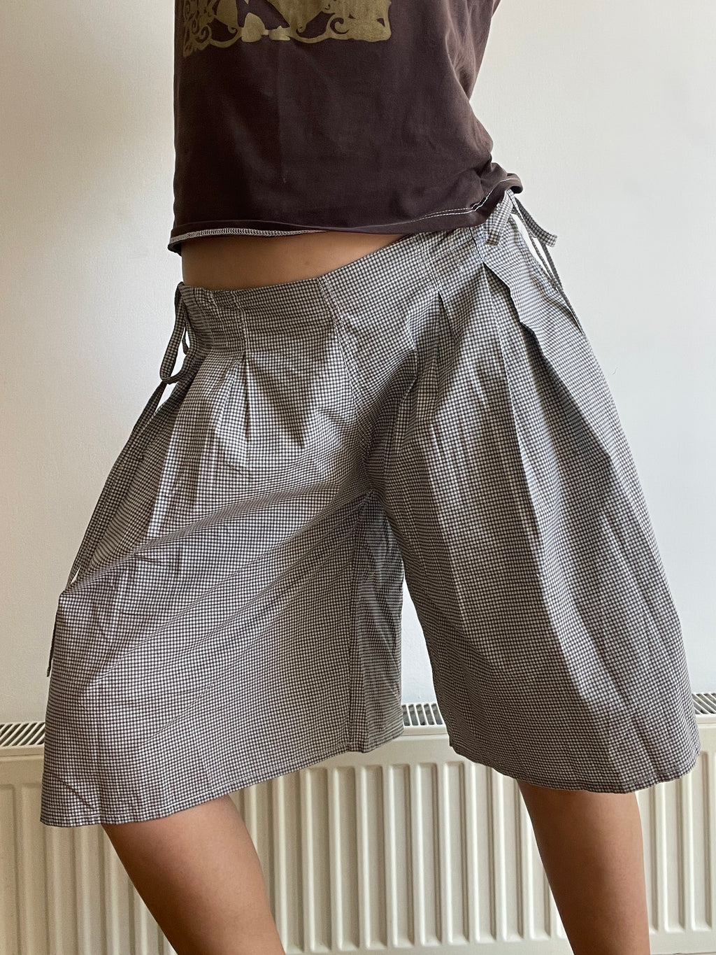 handmade pleated grey black check baggy shorts with pockets