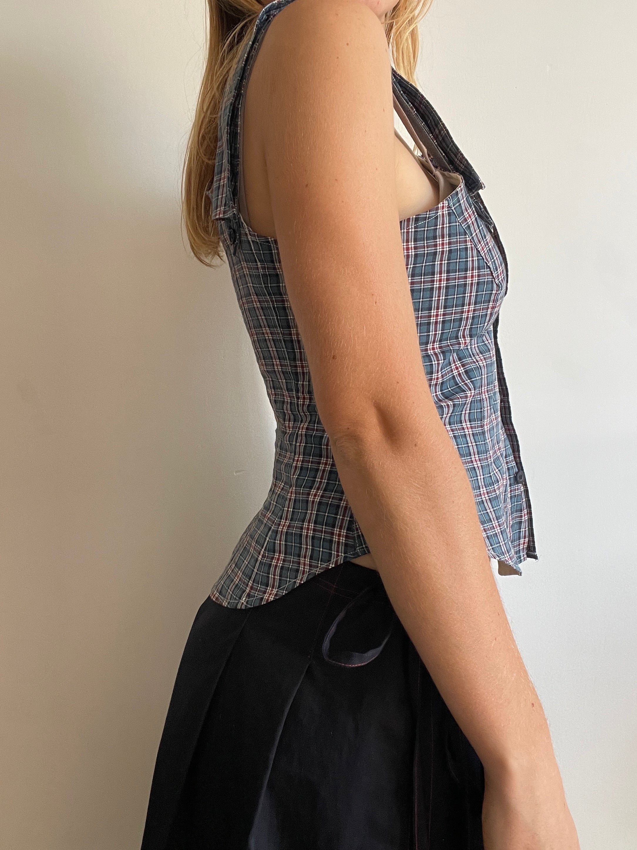 reworked one shoulder check button up tank with removable collar strap