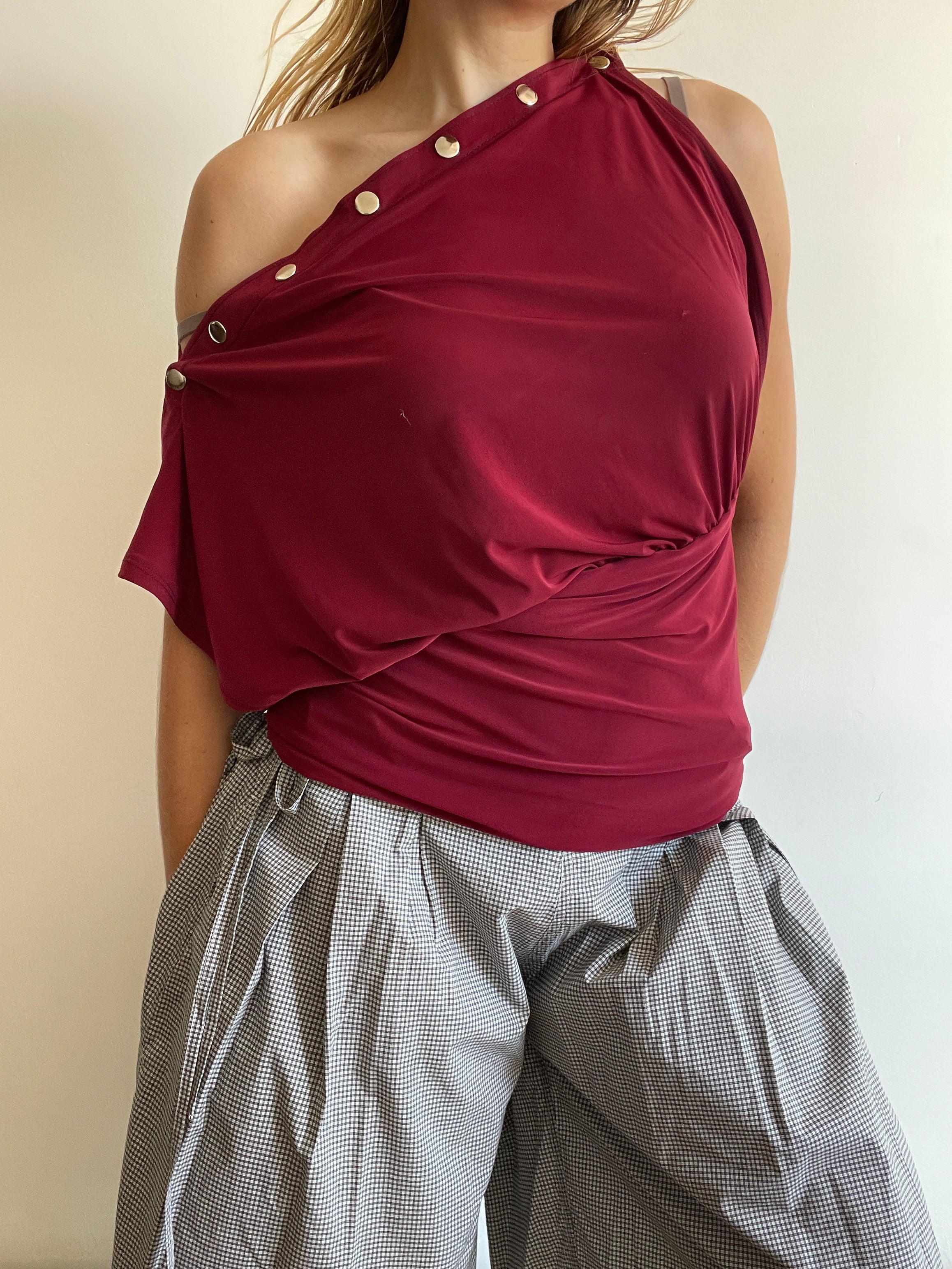handmade wine red silver popper off shoulder multiwear top