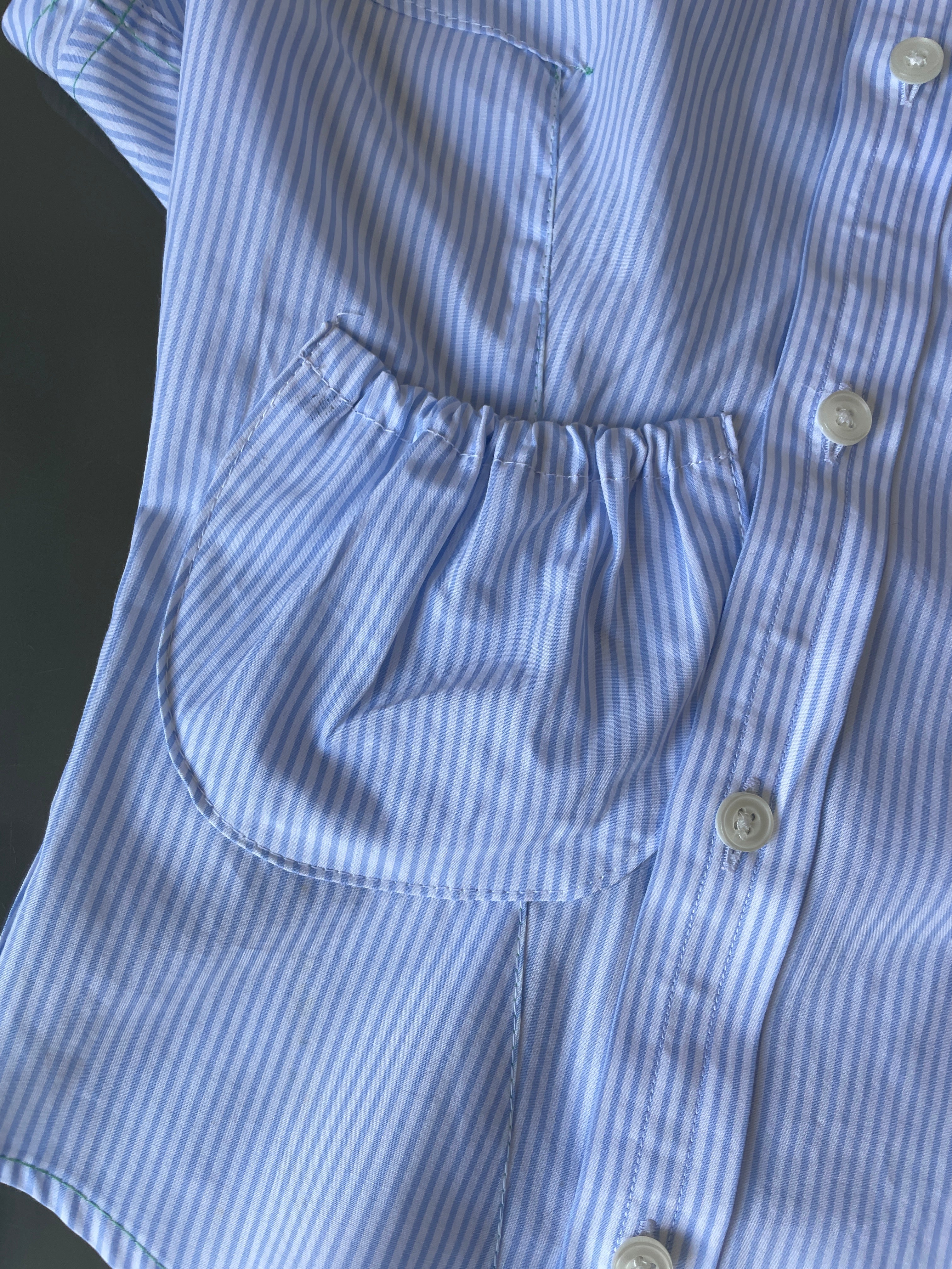 reworked asymetrical baby blue pinstripe pocket collar shirt