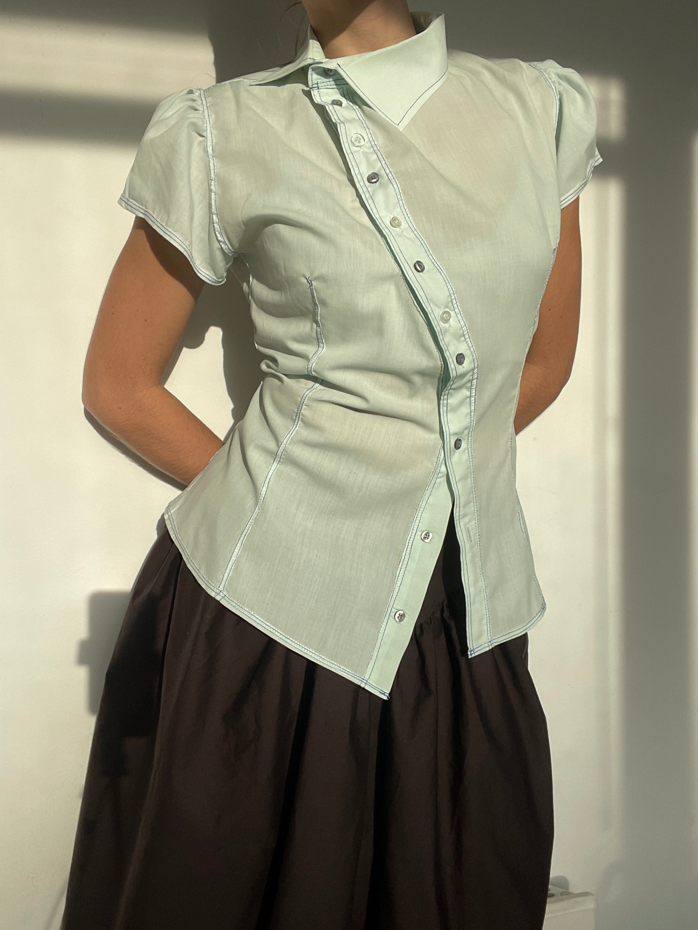 light mint reworked asymetrical button up puff sleeve shirt
