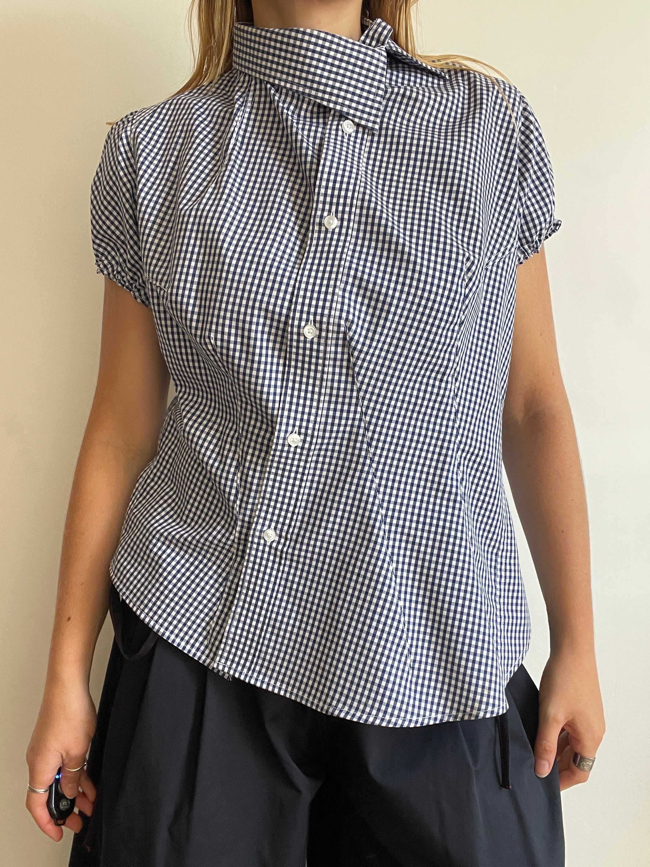 reworked asymetrical blue white gingham button up shirt