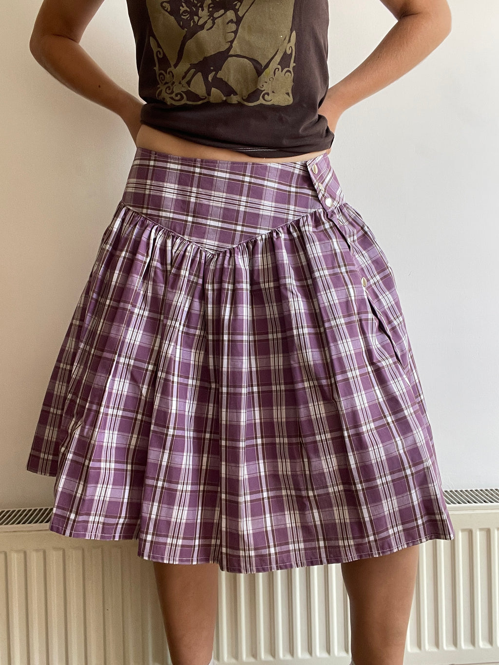 handmade metal popper button purple plaid gathered skirt