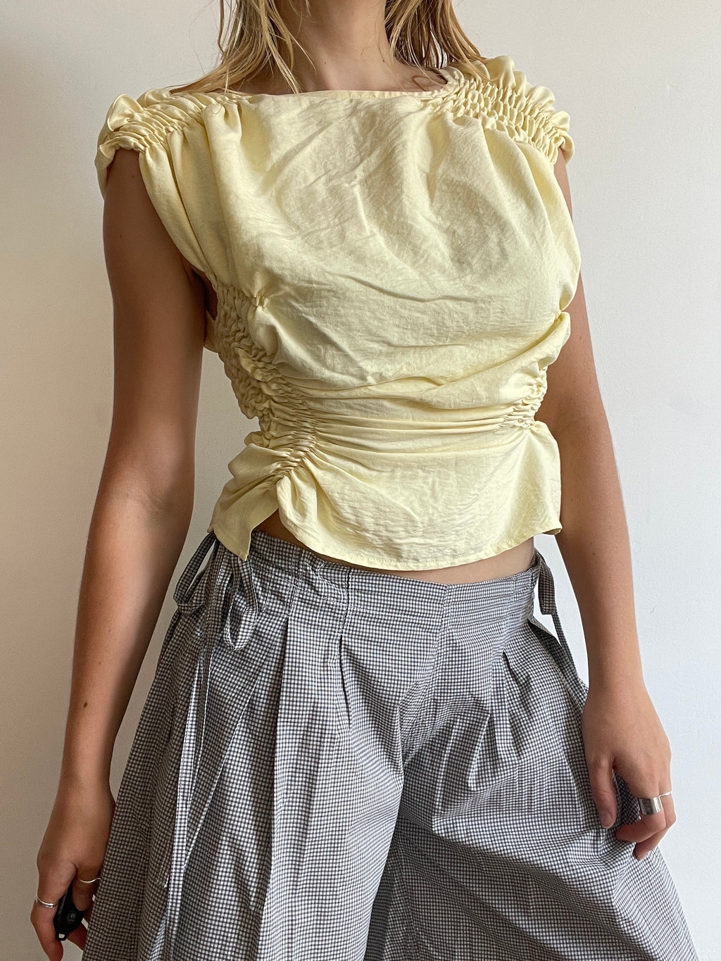 reworked ruched butter yellow slinky bubble top
