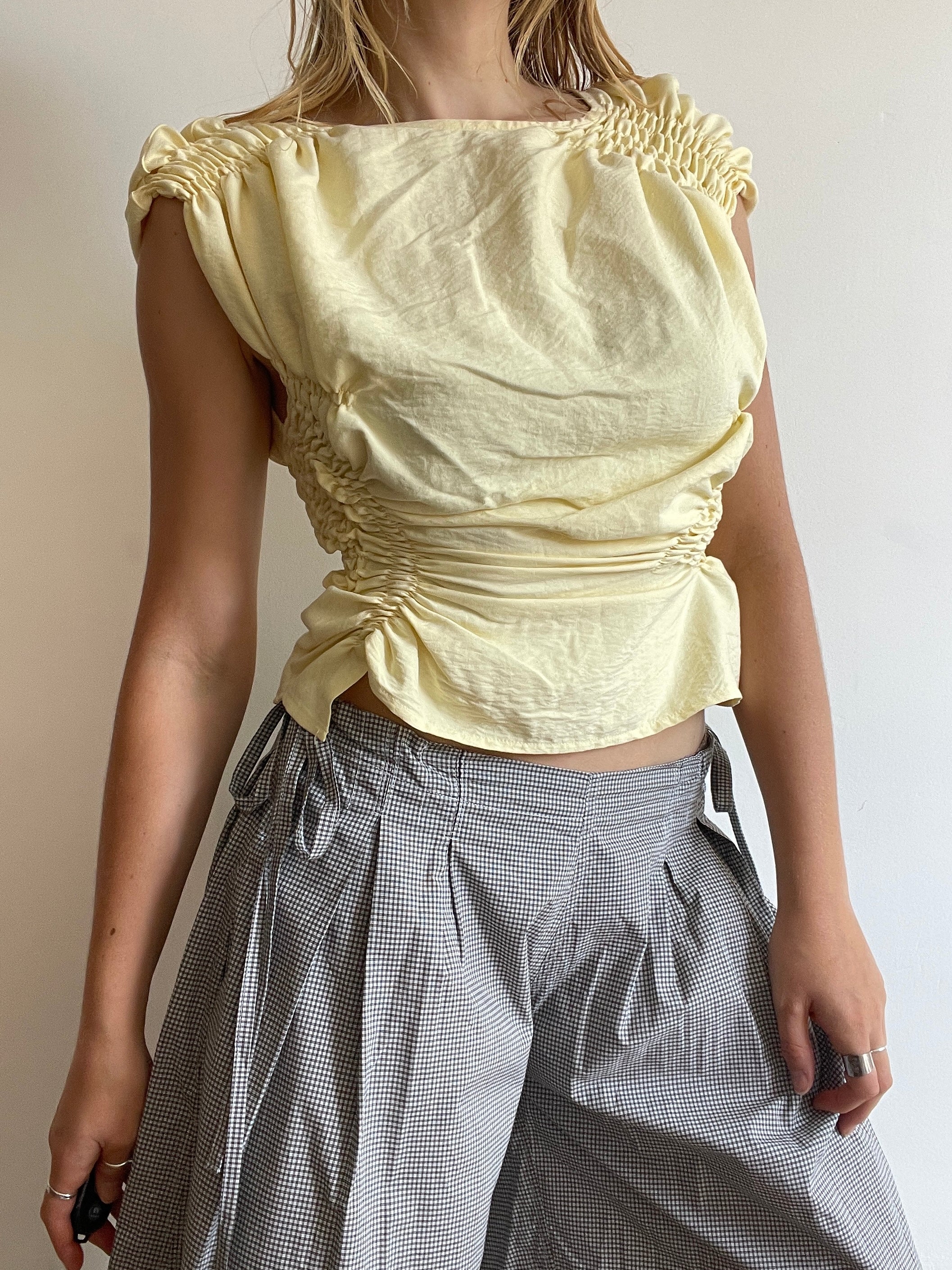 reworked ruched butter yellow slinky bubble top