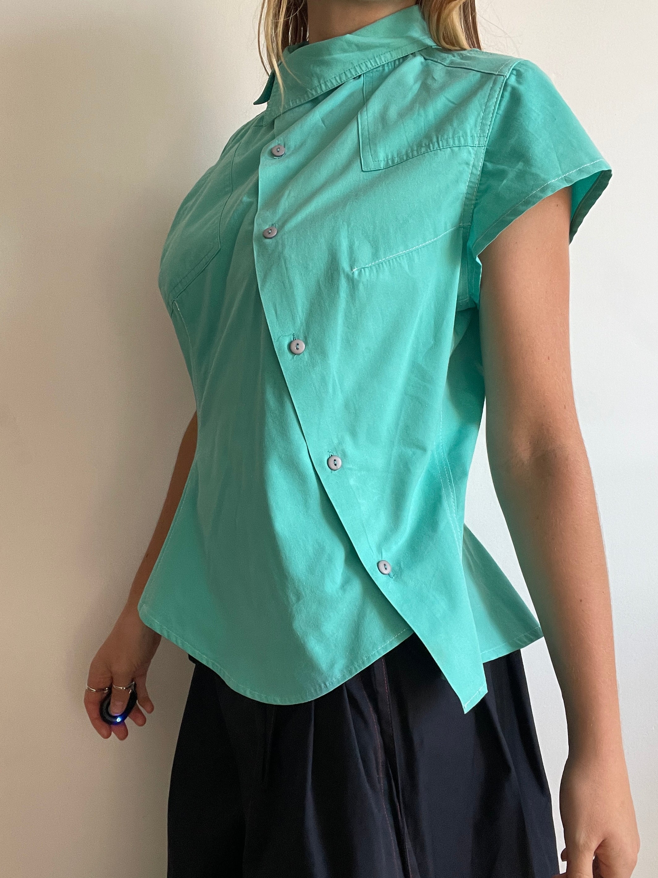 reworked mint patchwork asymmetrical blouse