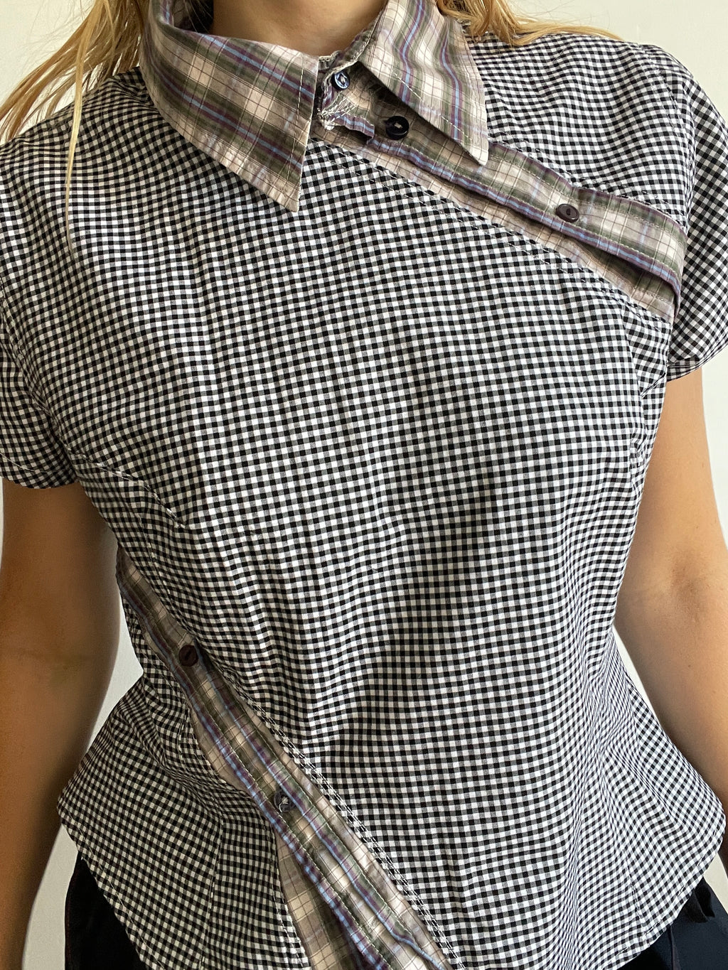 reworked double button up asymetrical fitted shirt