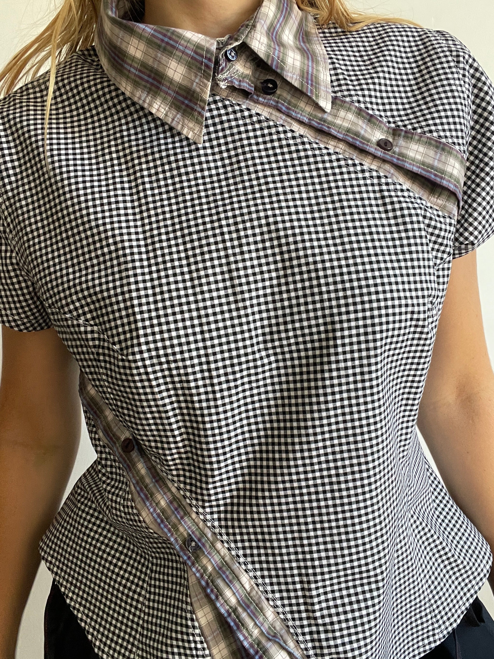 reworked double button up asymetrical fitted shirt