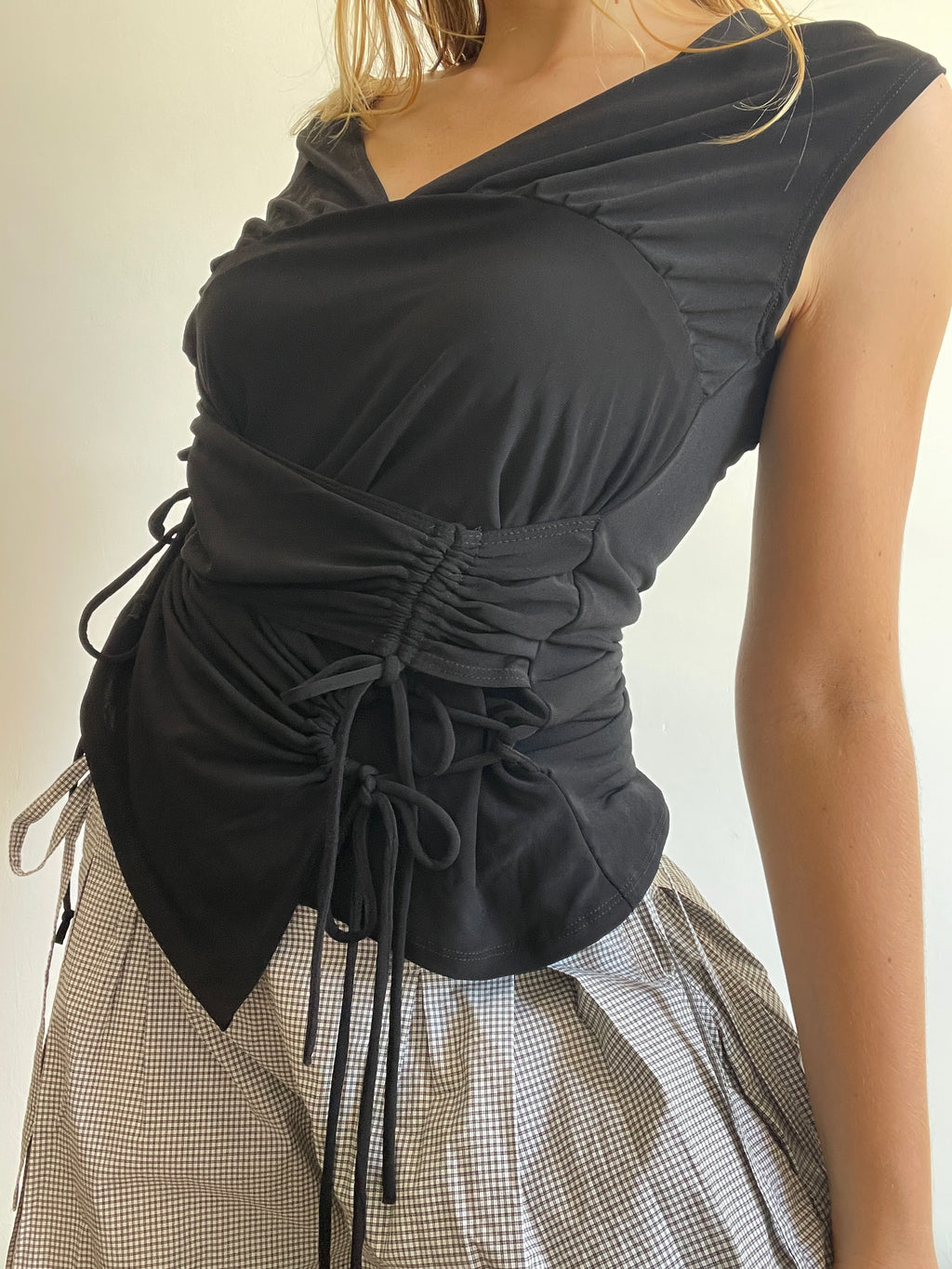 handmade slinky black ruched panel tie top