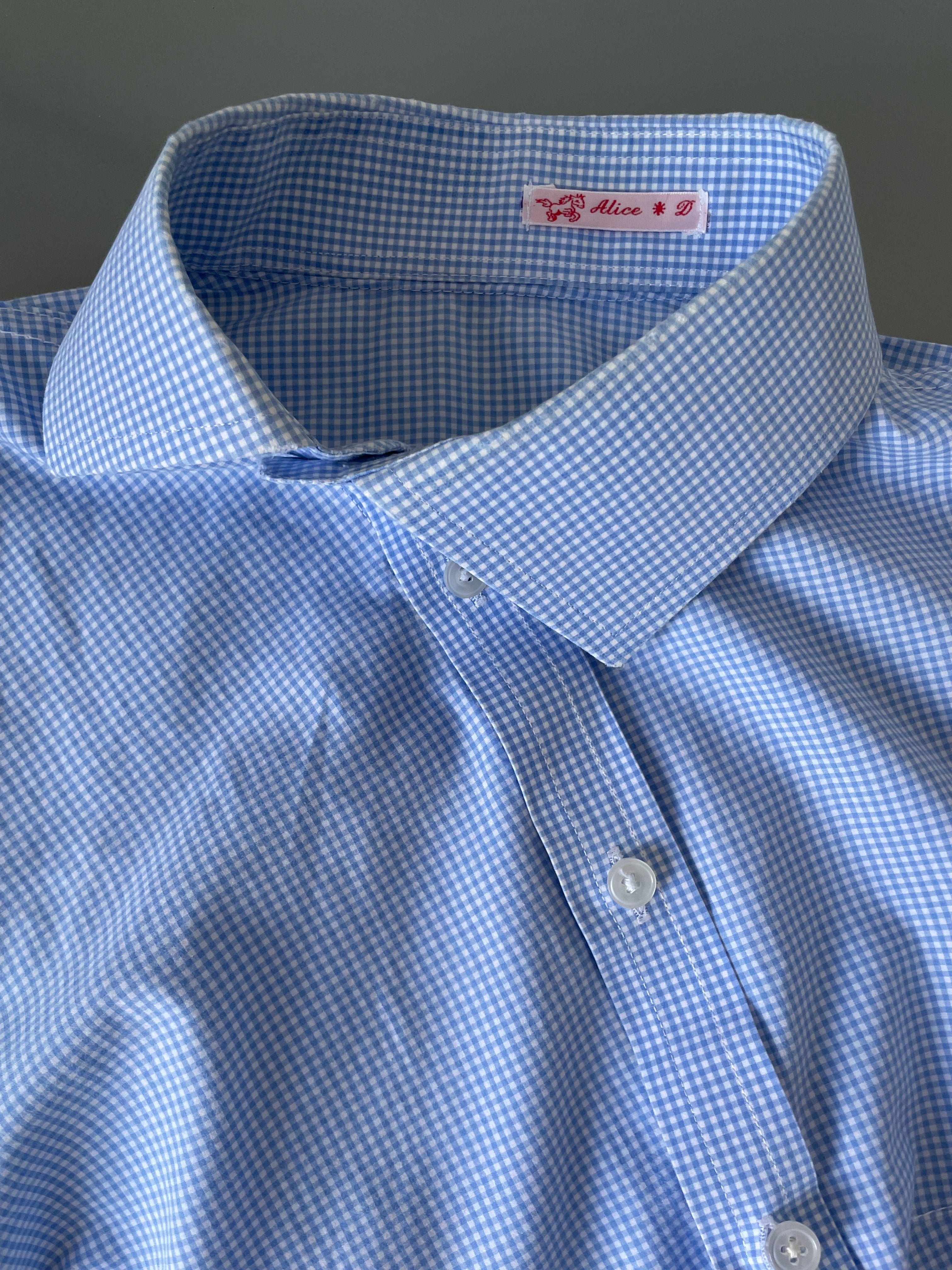 reworked asymetrical baby blue gingham pocket collar shirt