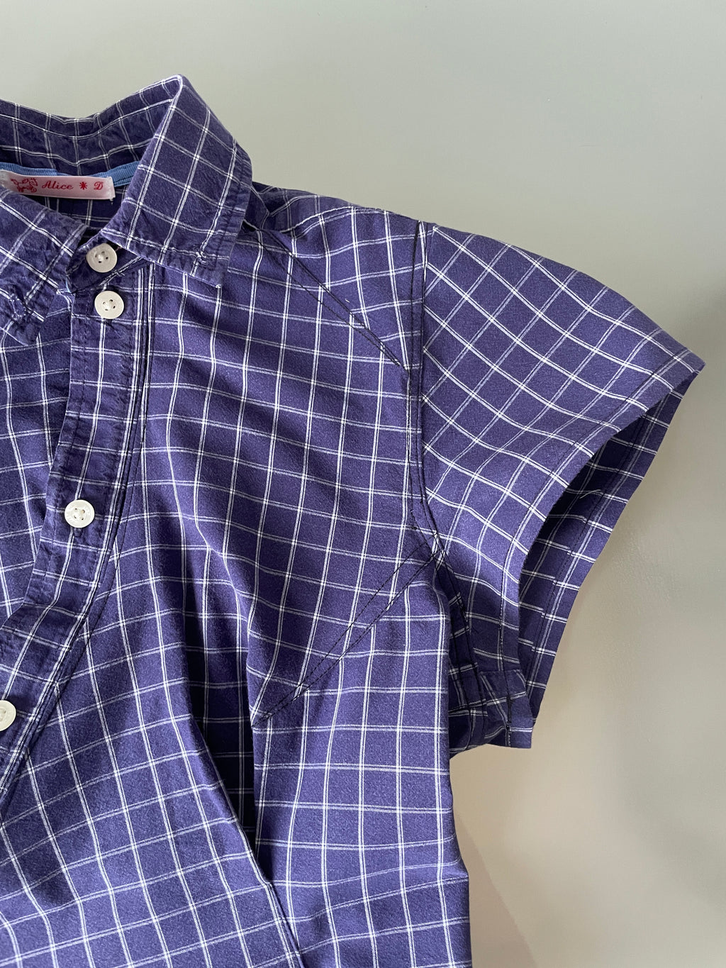 reworked blue grid check fitted blouse