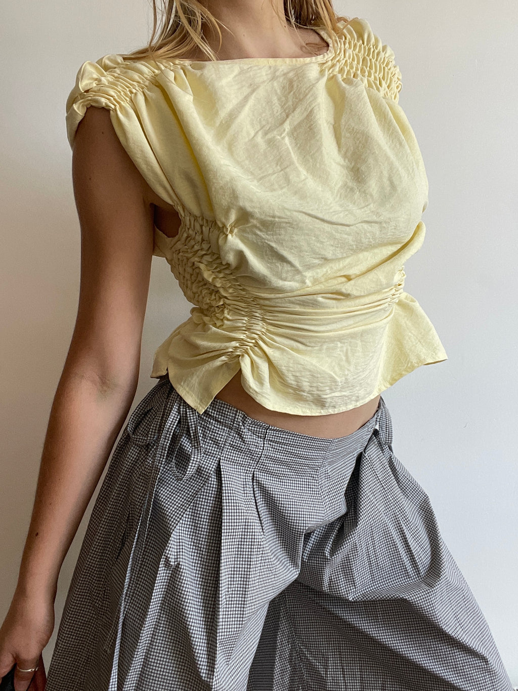 reworked ruched butter yellow slinky bubble top