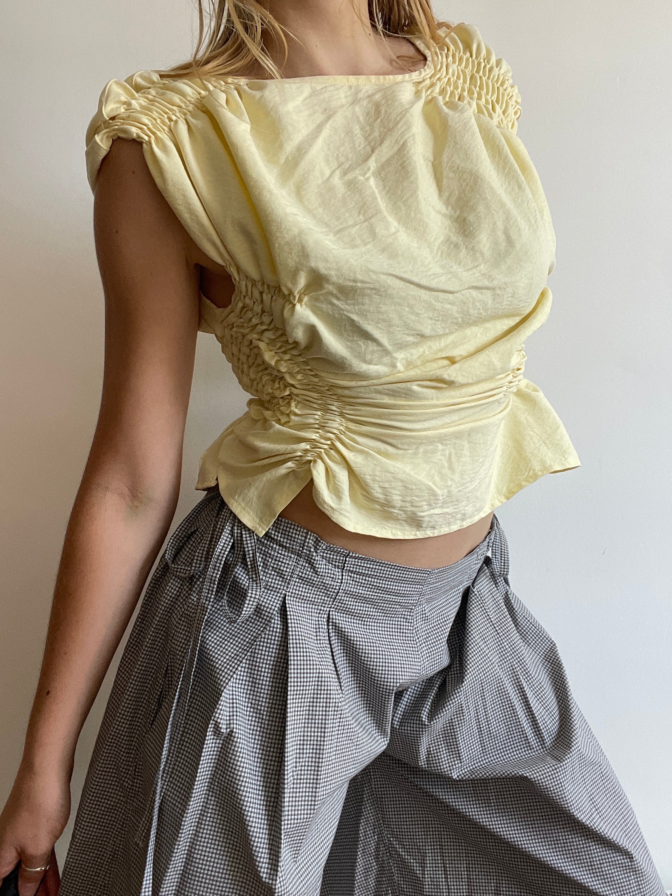 reworked ruched butter yellow slinky bubble top