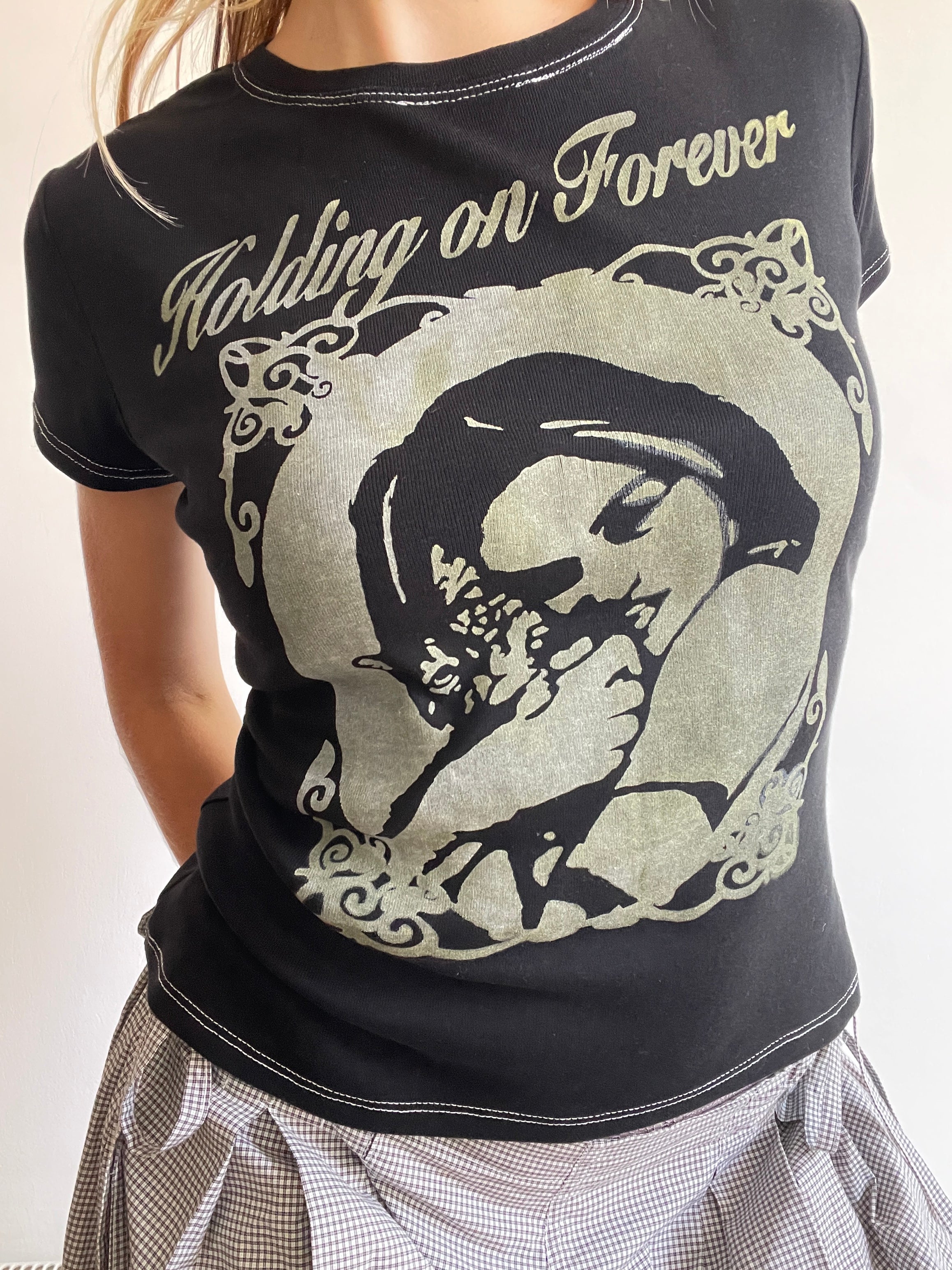 handmade holding on forever silver screenprint baby tee