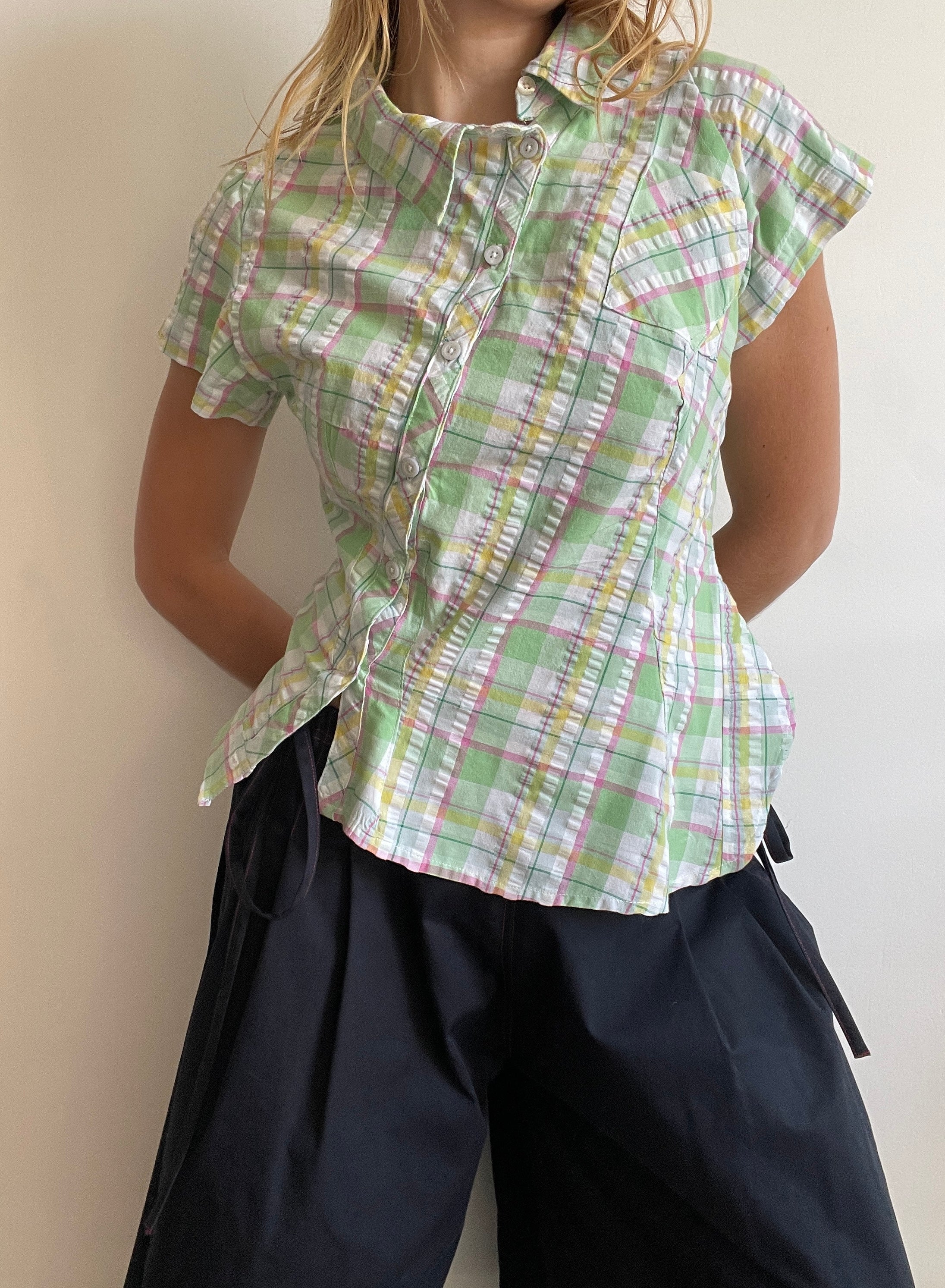 reworked seersucker tartan green pink fitted asymetrical shirt