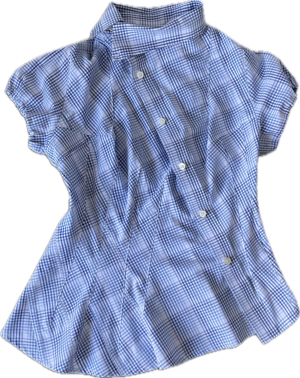 reworked blue check puff sleeve asymetrical shirt