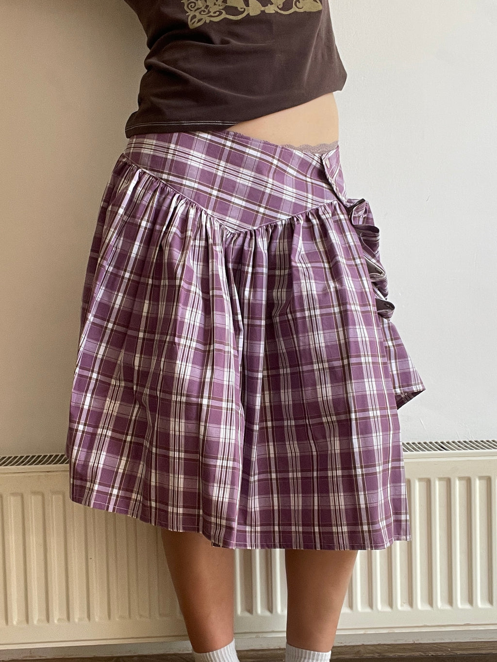 handmade metal popper button purple plaid gathered skirt