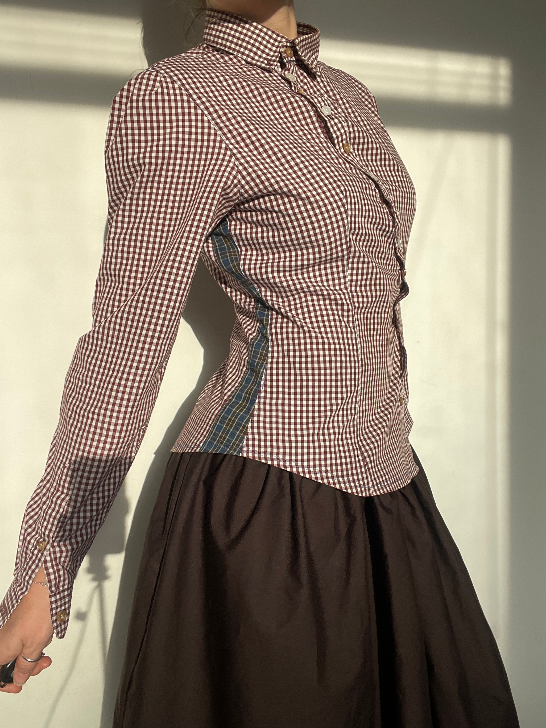 reworked asymetrical gingham burghundy long sleeve shirt
