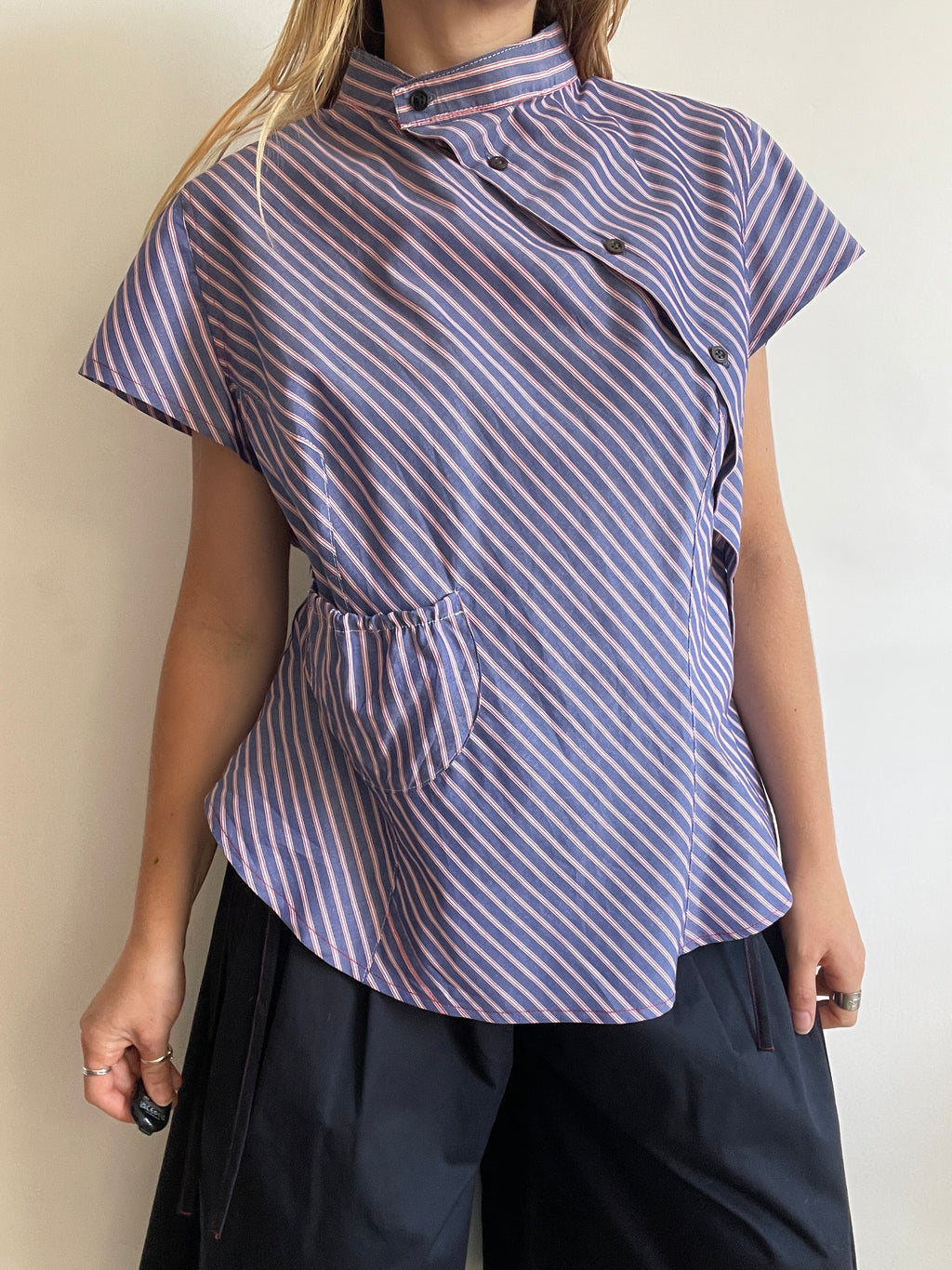 reworked striped pocket button up asymetrical shirt