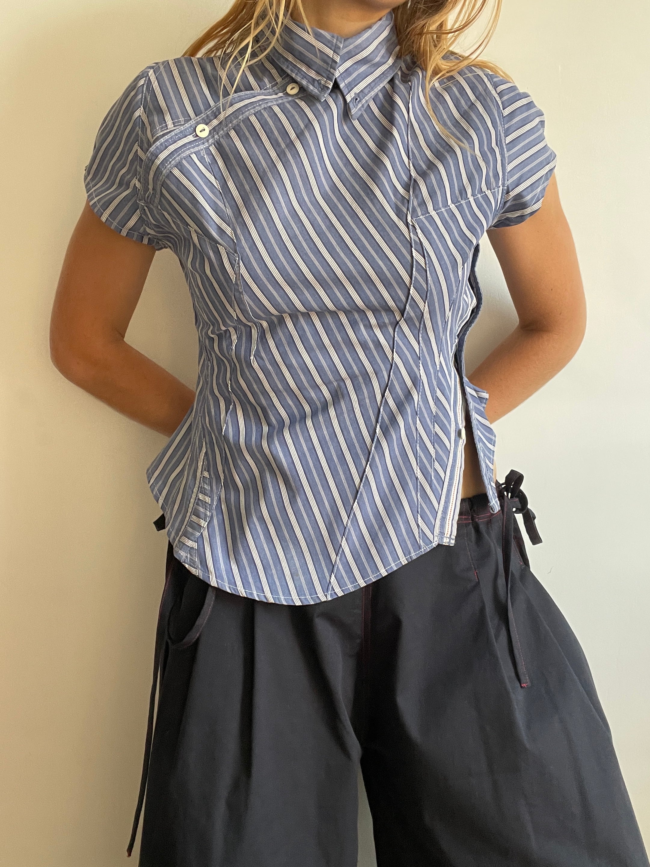 reworked striped double button up asymetrical fitted shirt