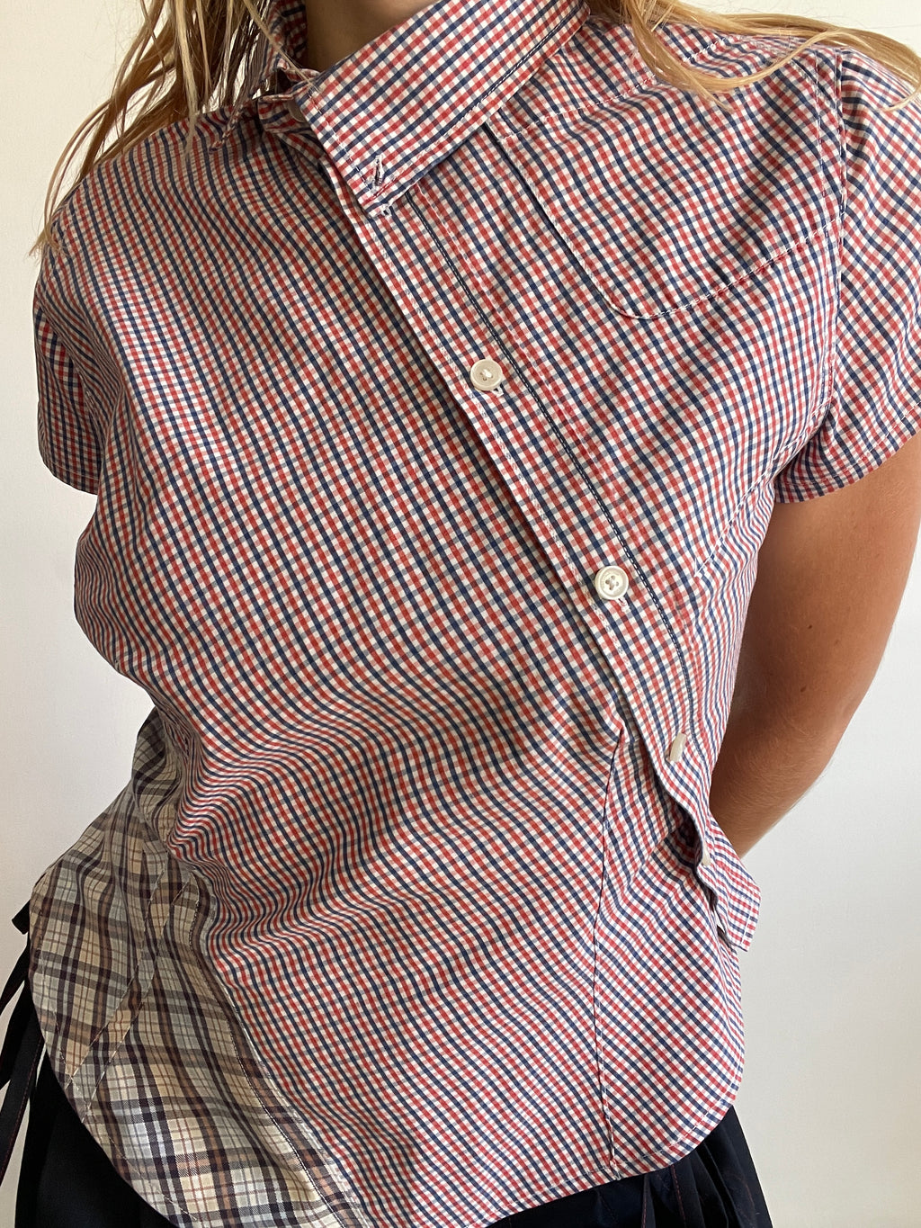 reworked patchwork gingham check blouse