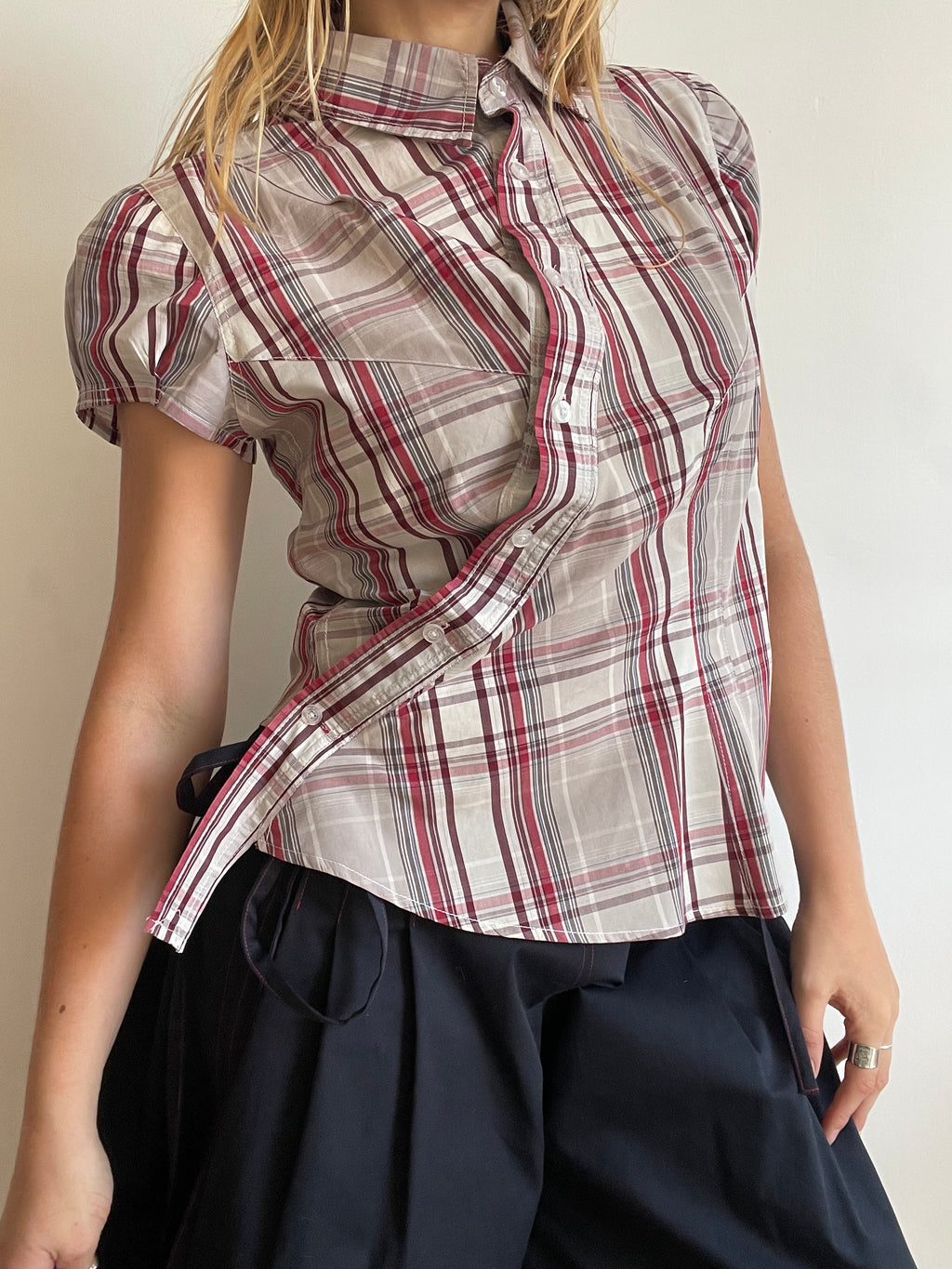 reworked asymetrical red beige checkered shirt