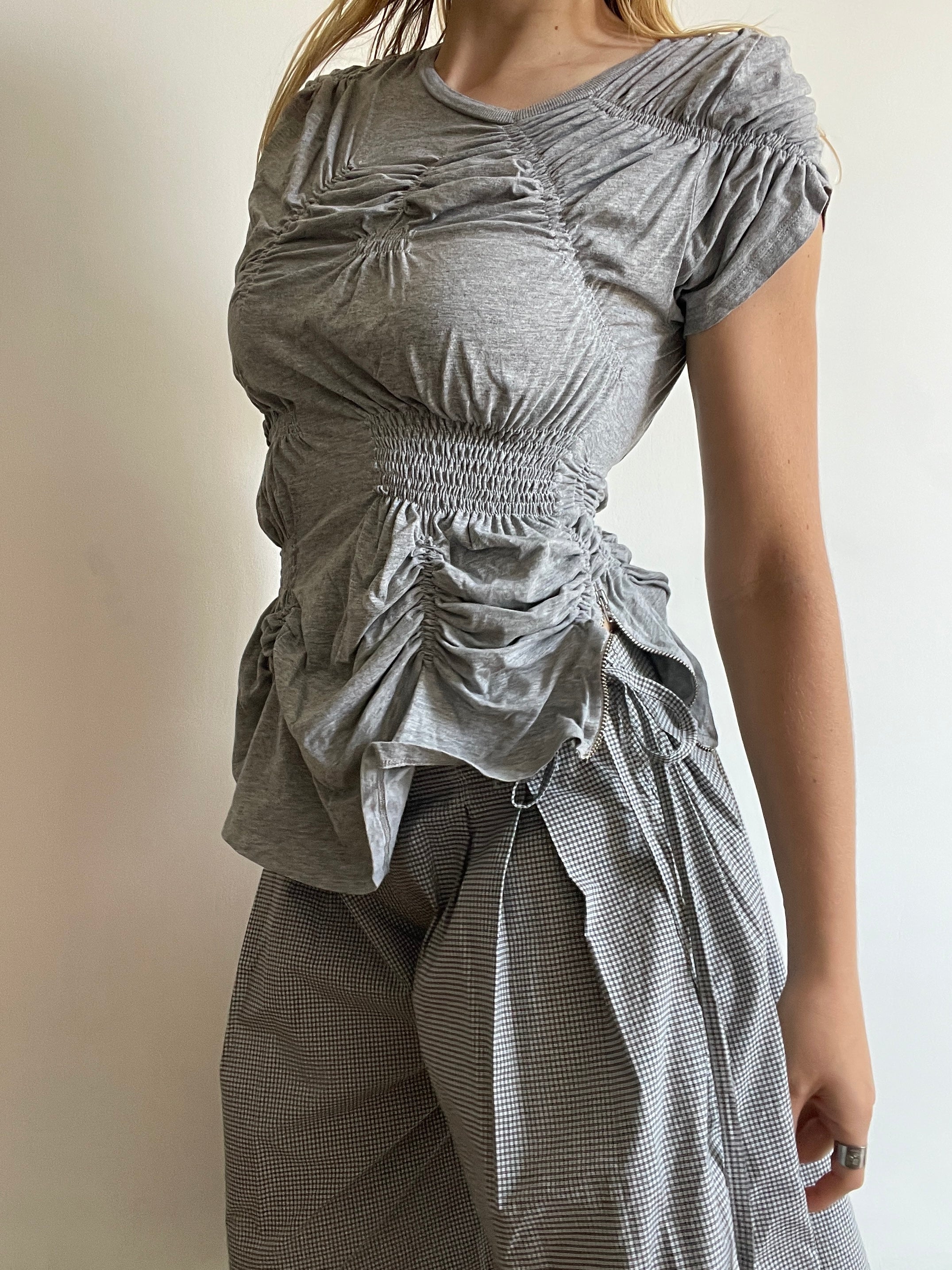 grey reworked elasticated ruched slinky t shirt