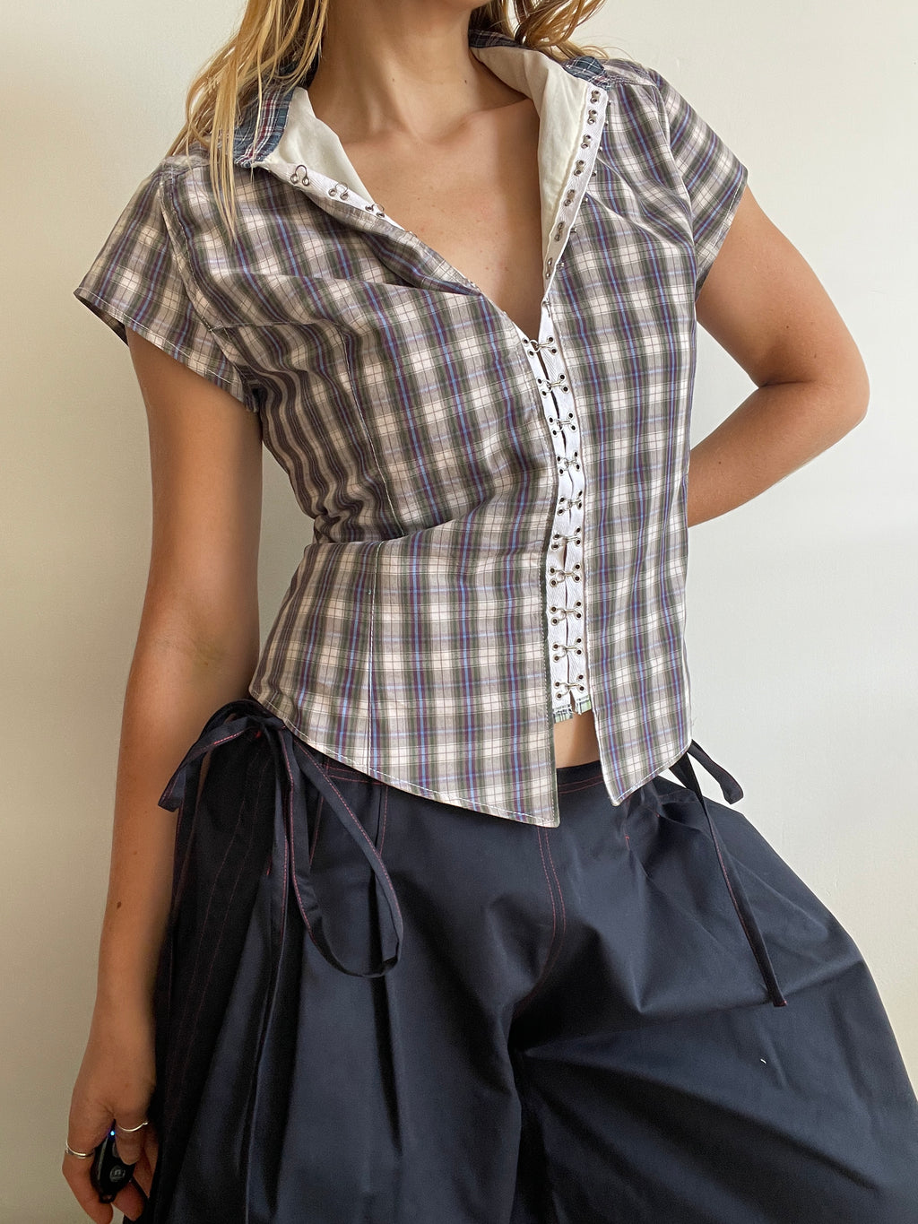 hook eye fitted checkered tartan shirt (lined)