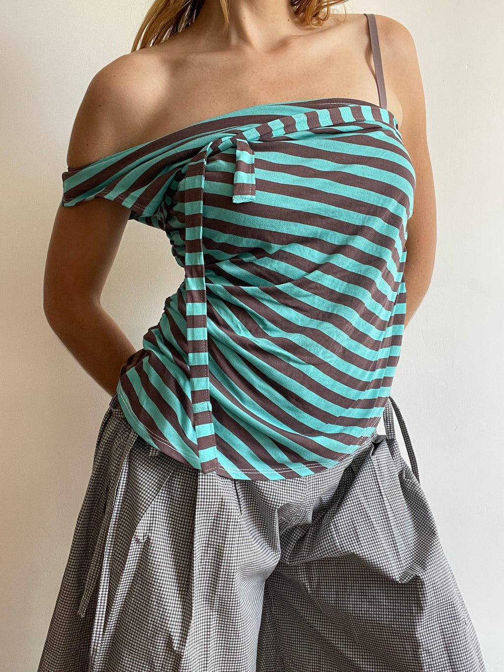 handmade mint brown stripe one shoulder tie top