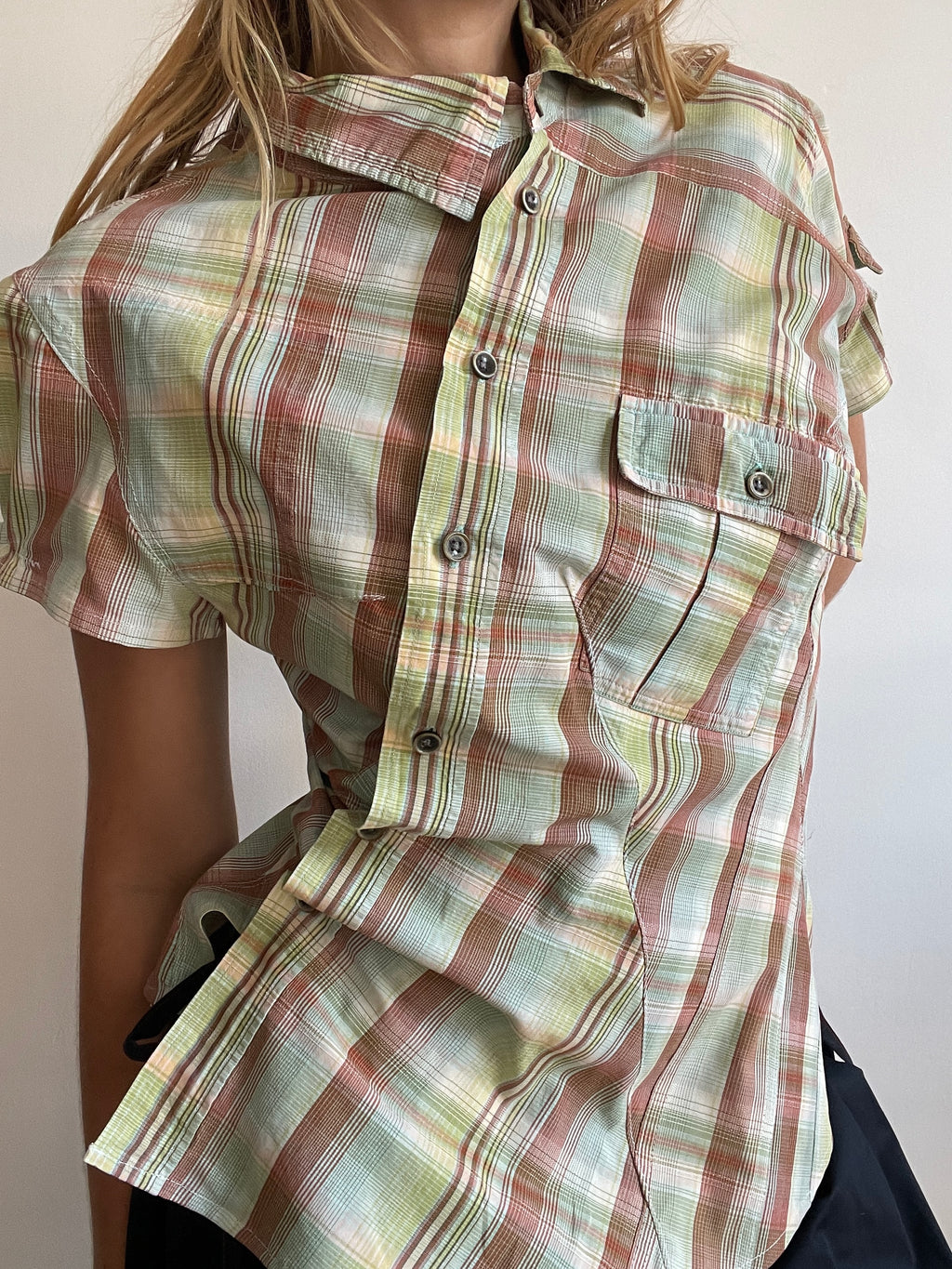 reworked pastel button up asymetrical shirt