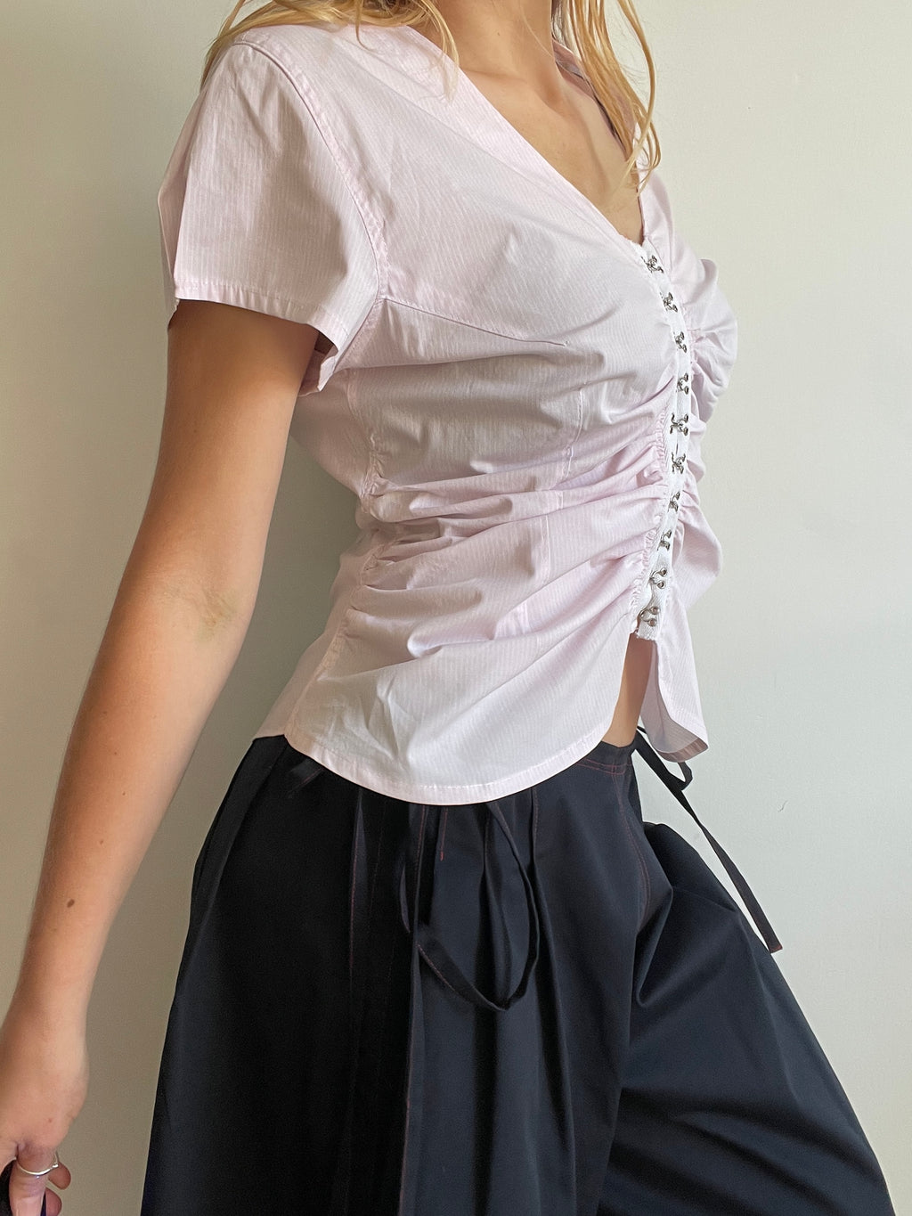 handmade ruched hook and eye pink pinstripe blouse