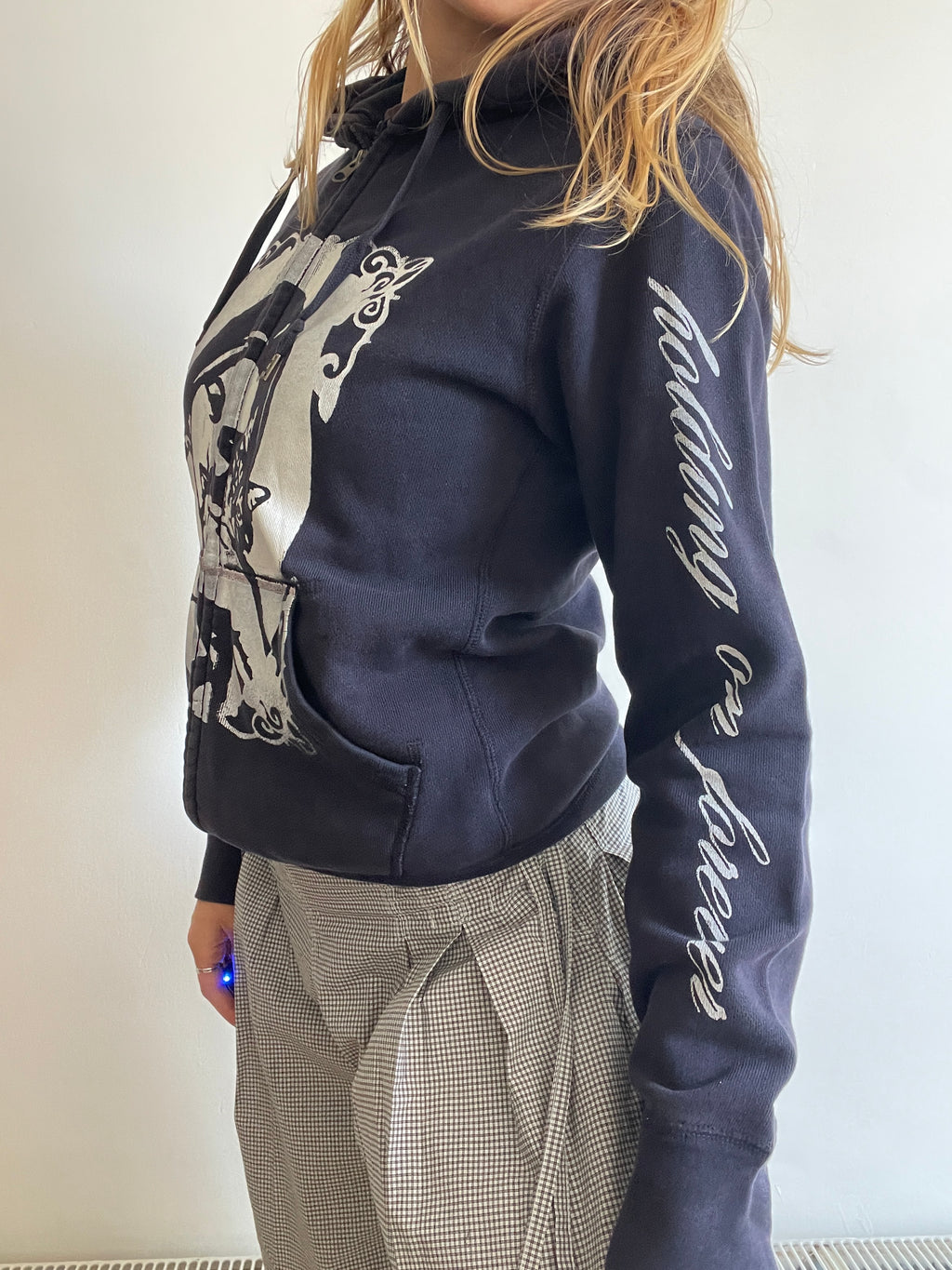 screen printed navy cat girl double zip slim fit hoodie