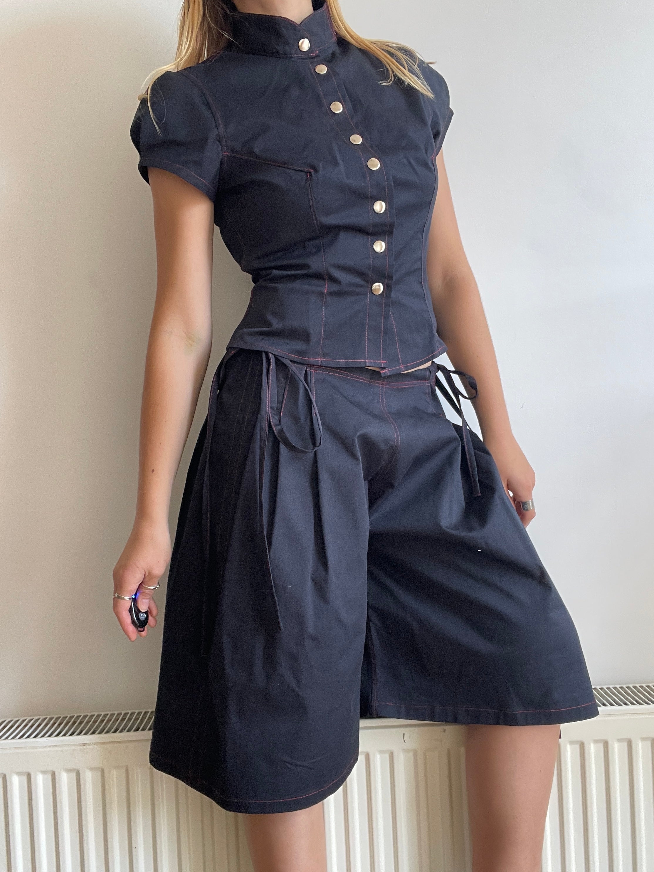 handmade matching set navy stretch baggy shorts and shirt