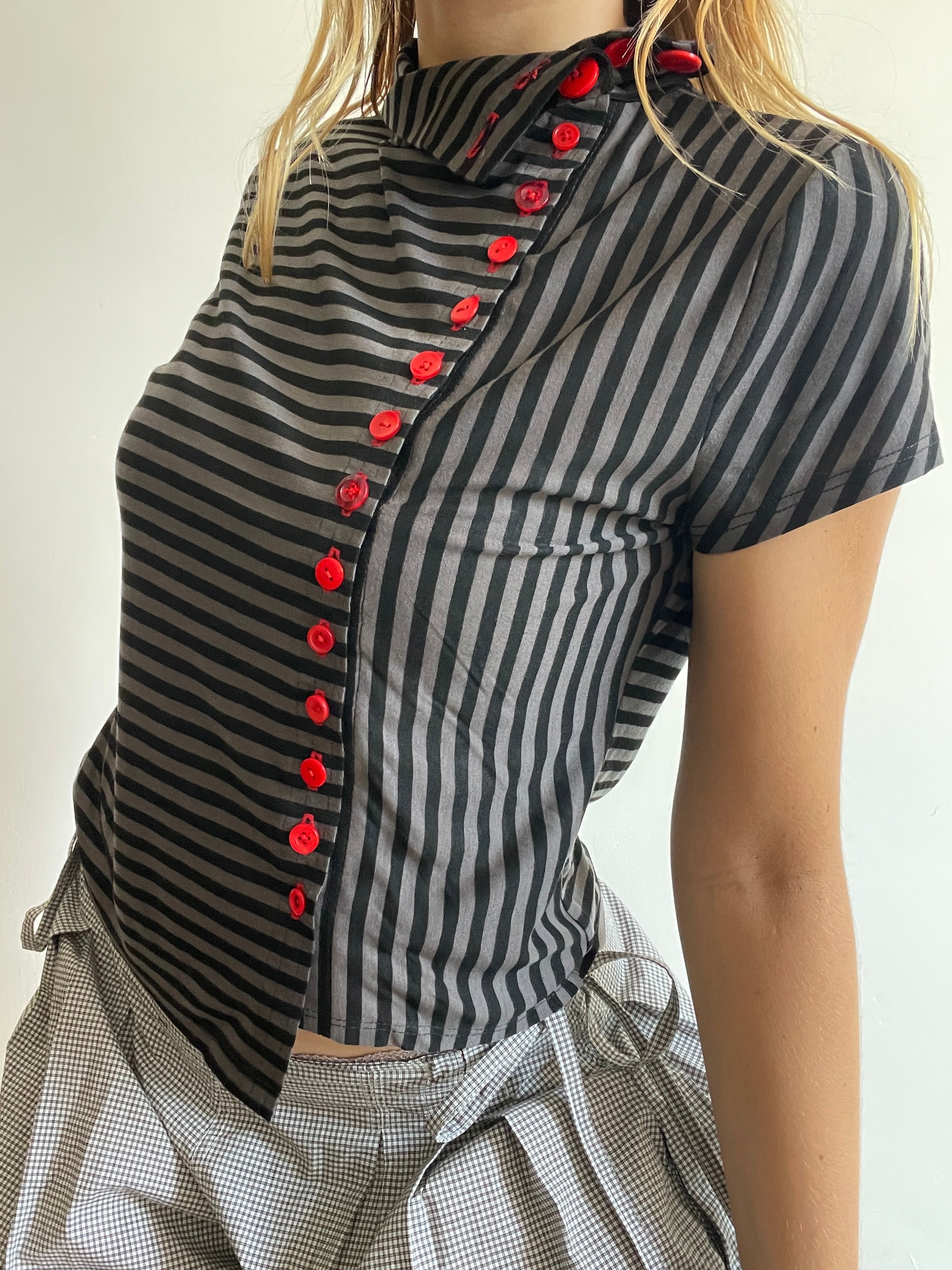 handmade grey stripe button up asymmetrical t shirt