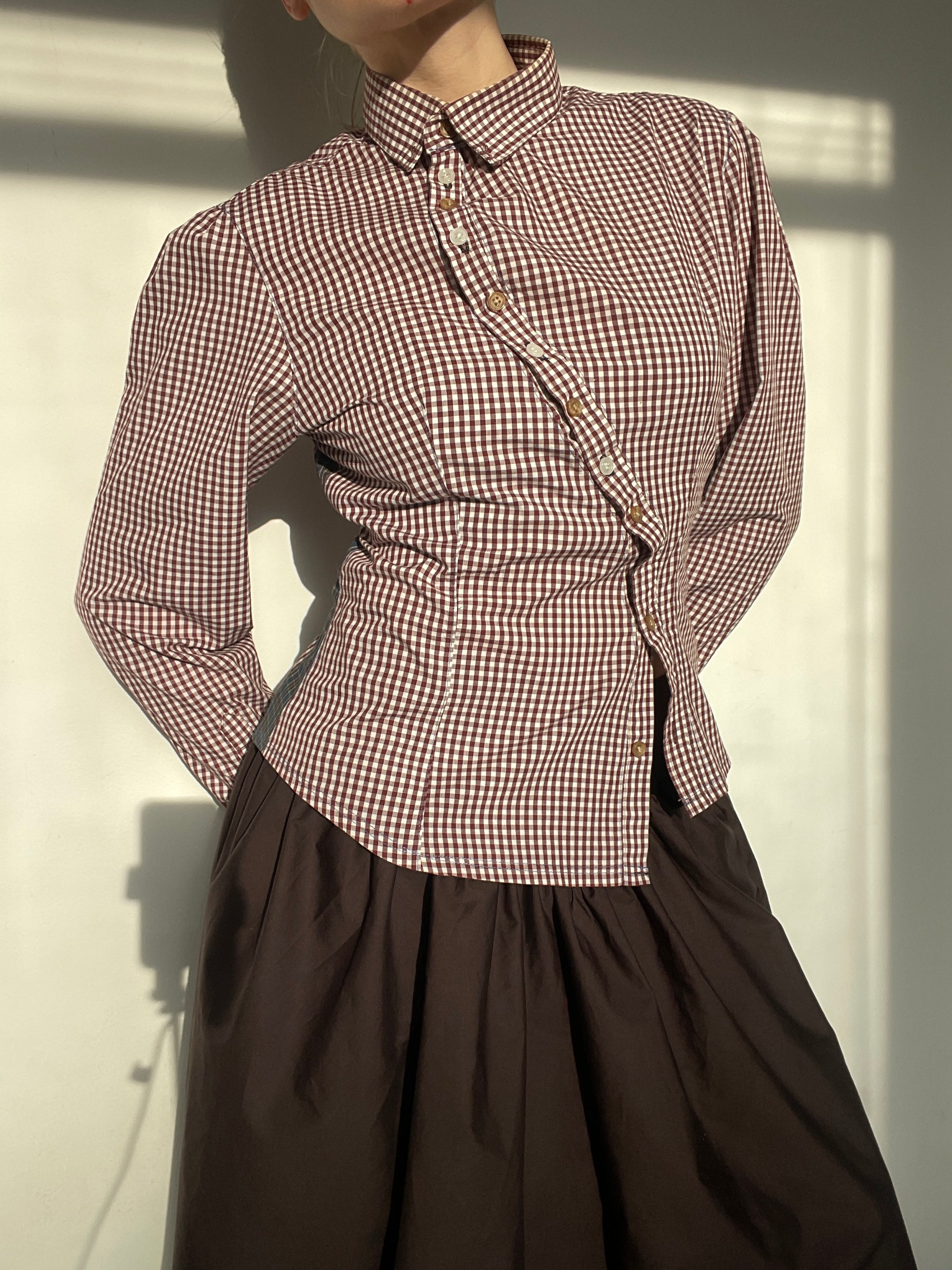 reworked asymetrical gingham burghundy long sleeve shirt