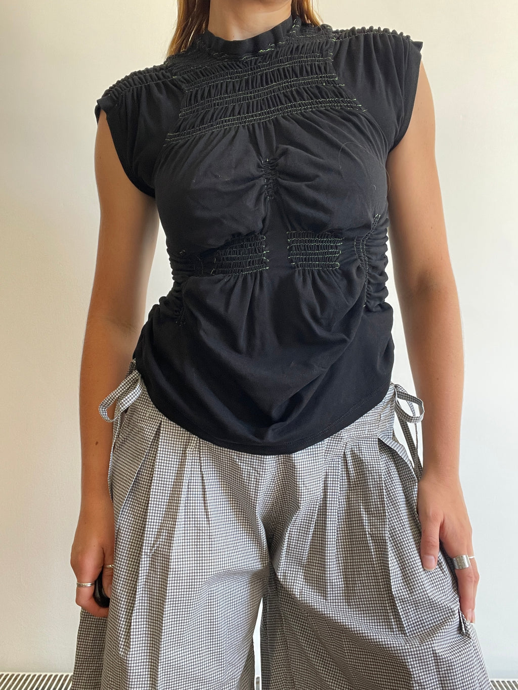 reworked black contrast stitch ruched slinky t shirt
