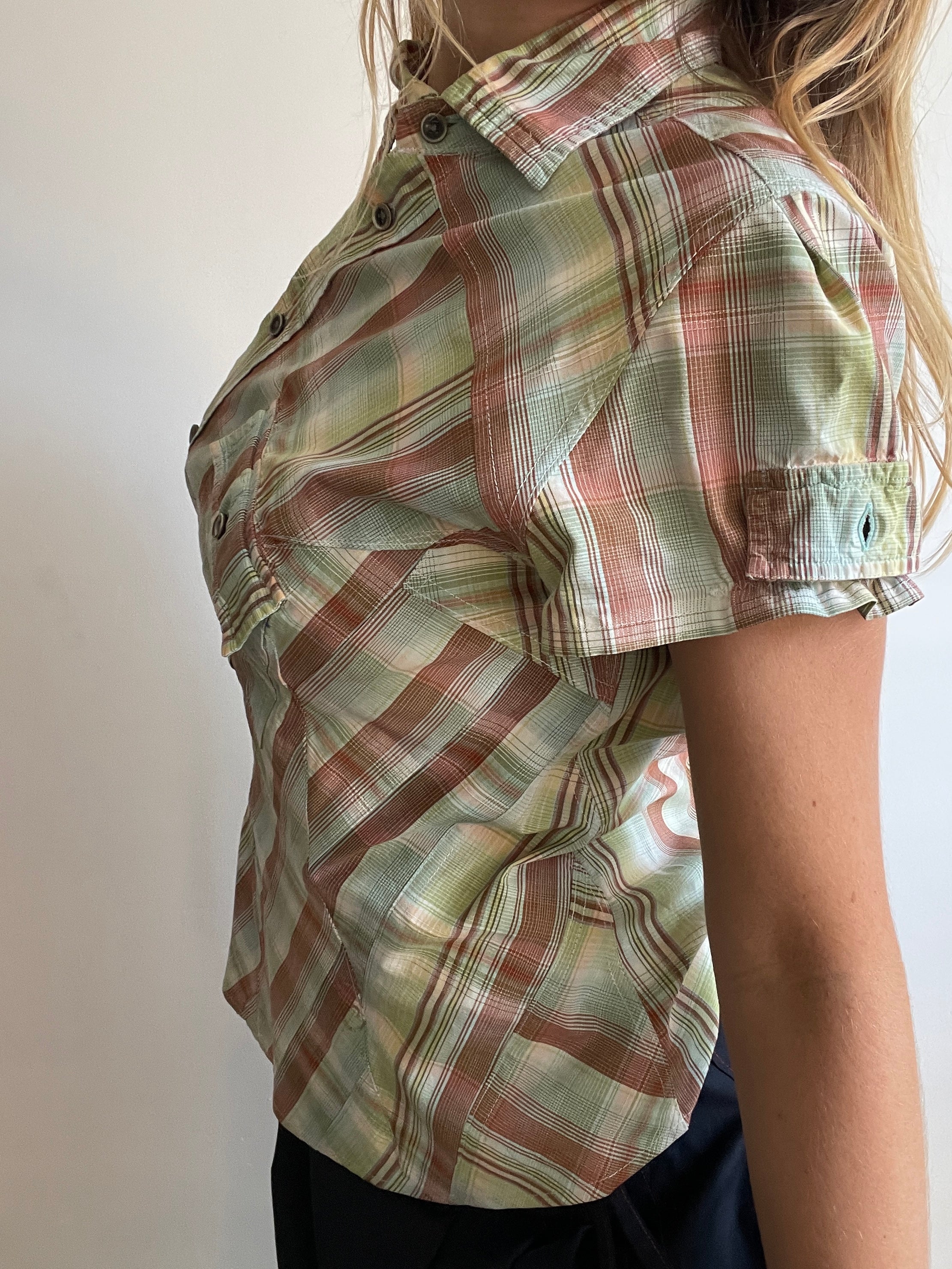 reworked pastel button up asymetrical shirt